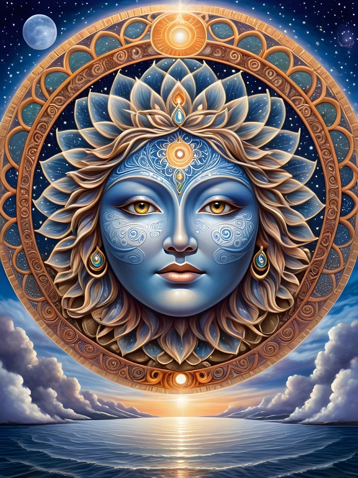 Mystical Blue-Toned Face with Gold Patterns and Sunset