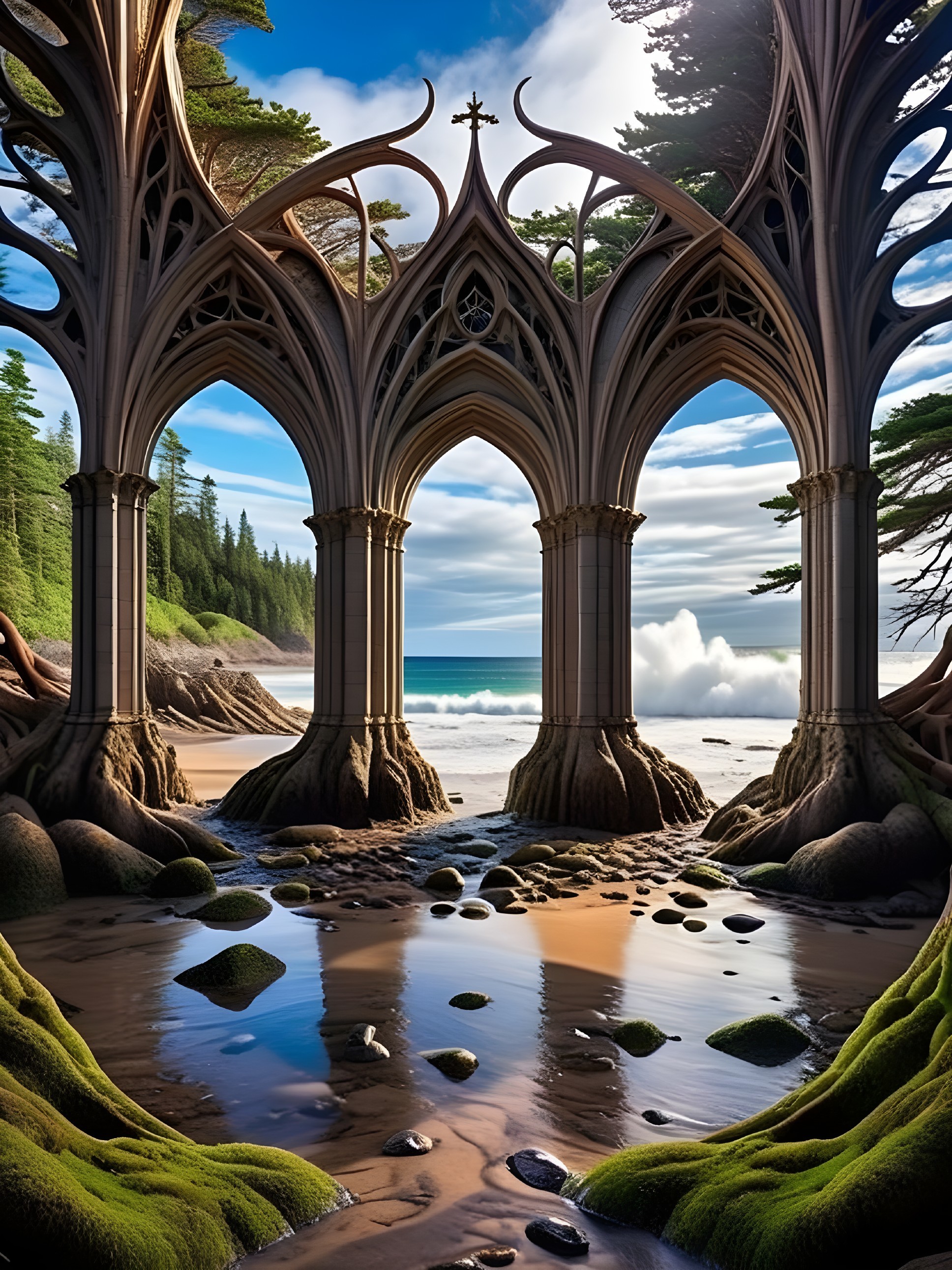 Intricate Archways in Lush Beach Landscape