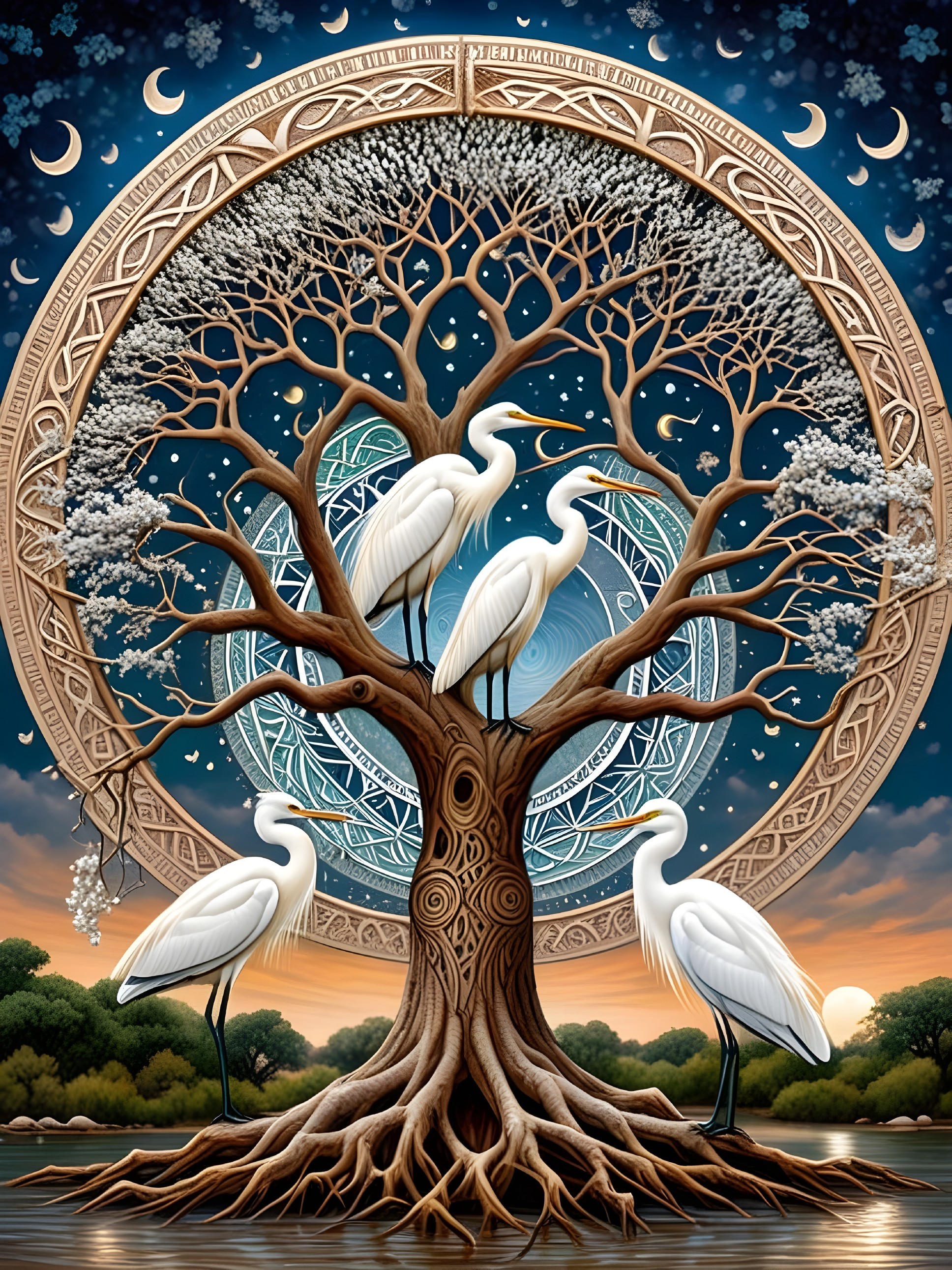 Majestic tree with herons under a twilight sky