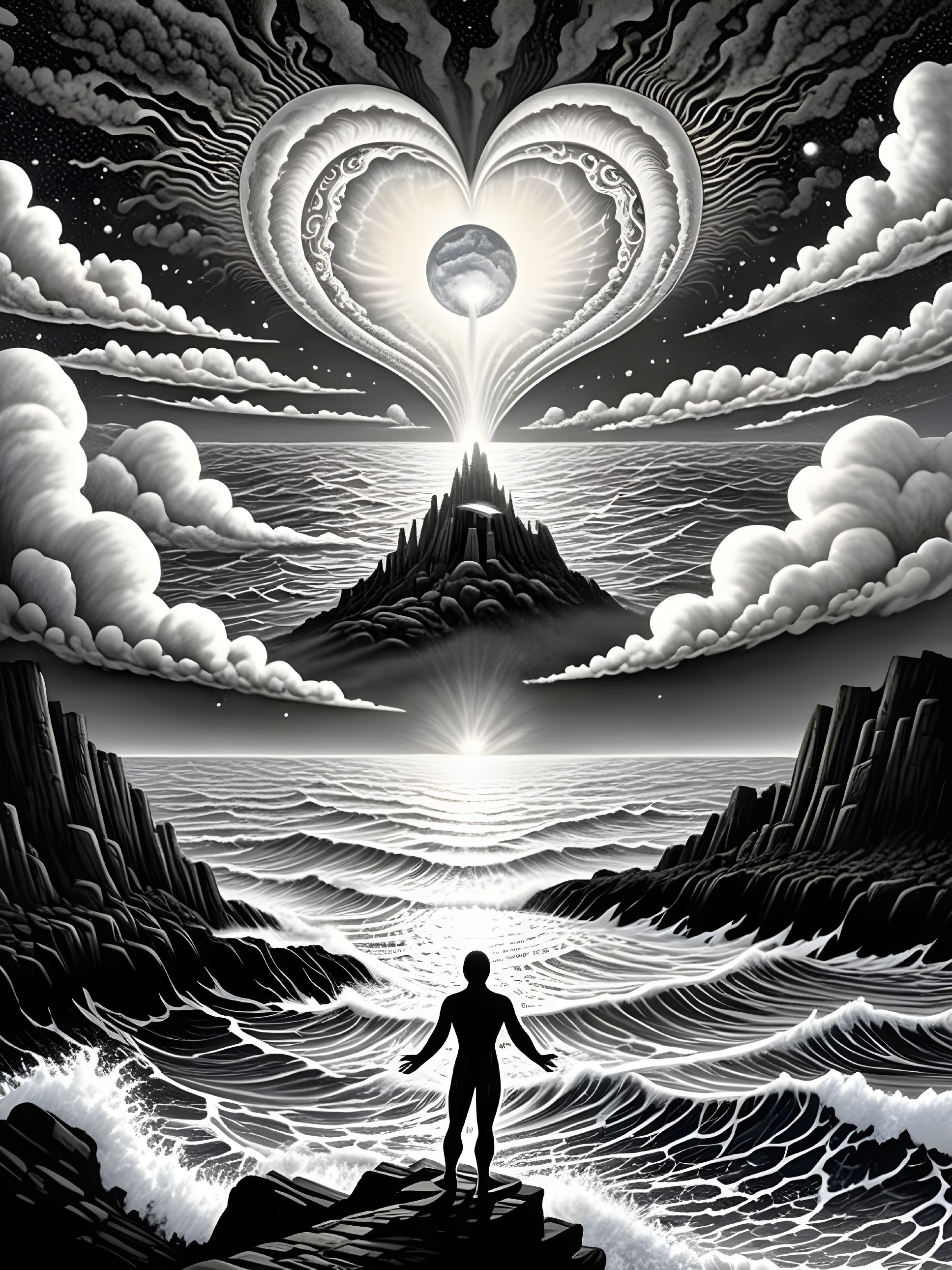 Black and white illustration of a serene figure by the sea