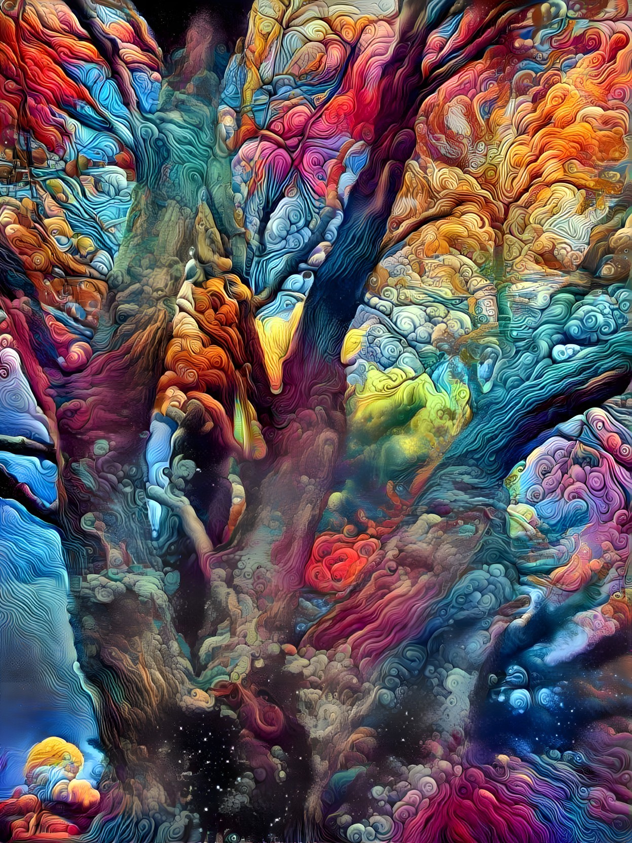 Abstract Tree with Colorful Foliage in Cosmic Background