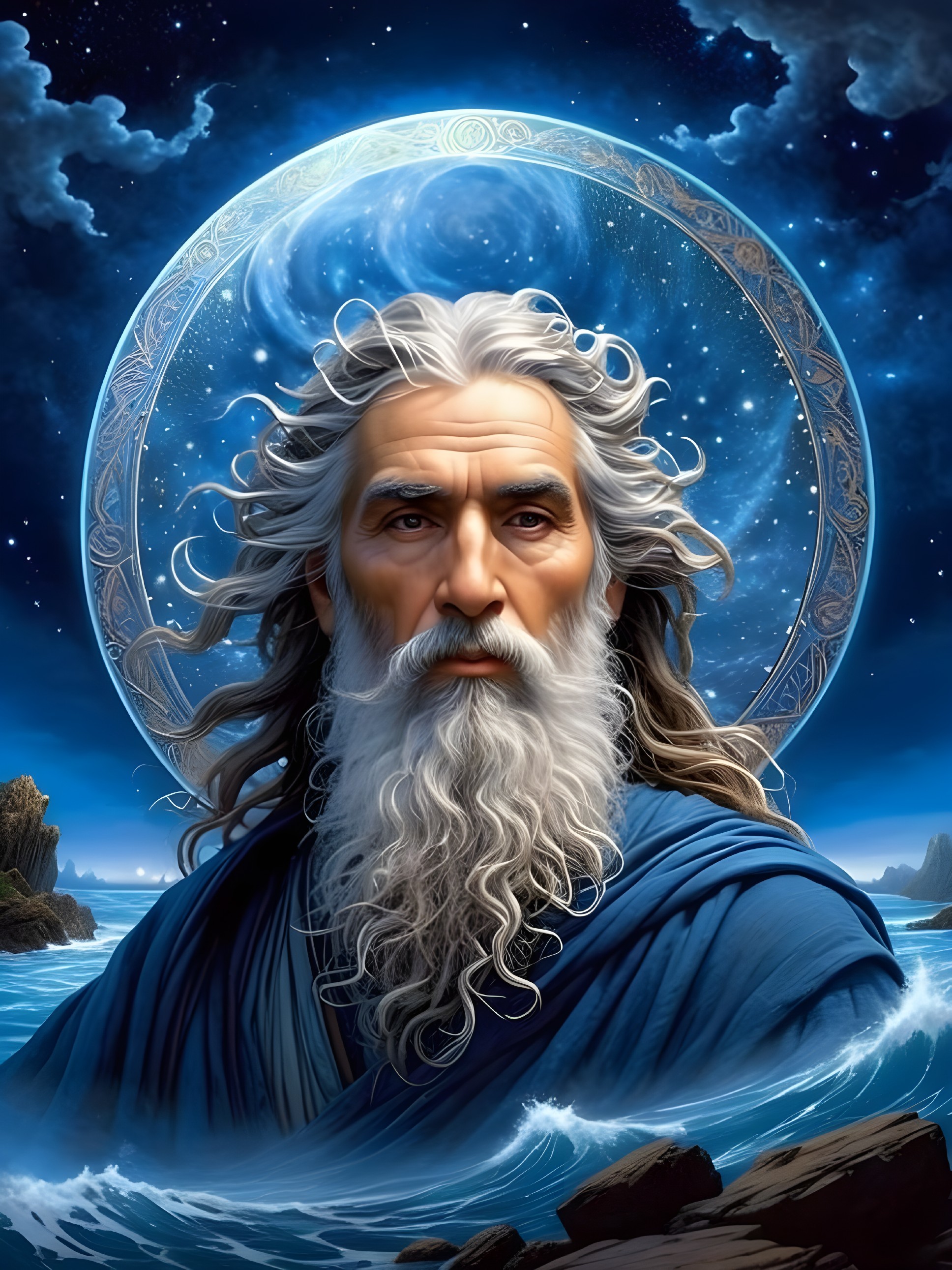Majestic figure in blue robes with silver hair and halo
