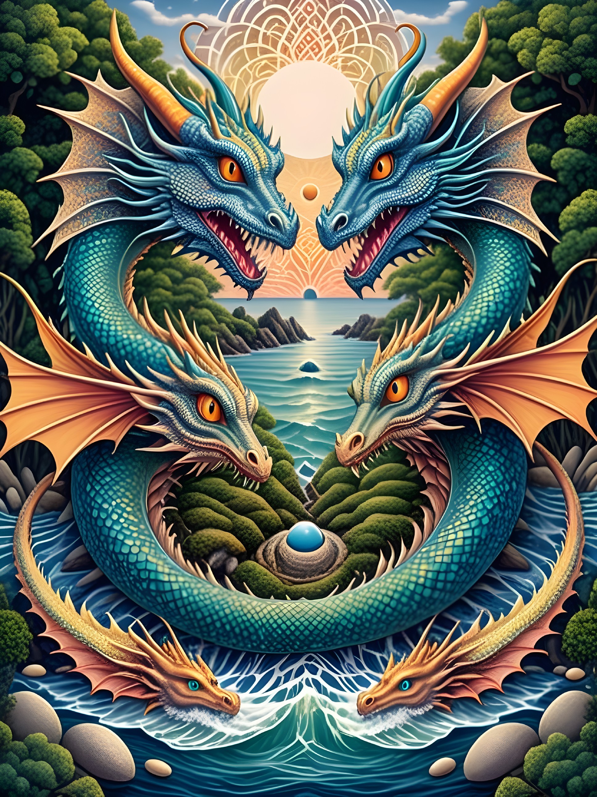 Three Dragons Above a Serene Ocean at Sunrise