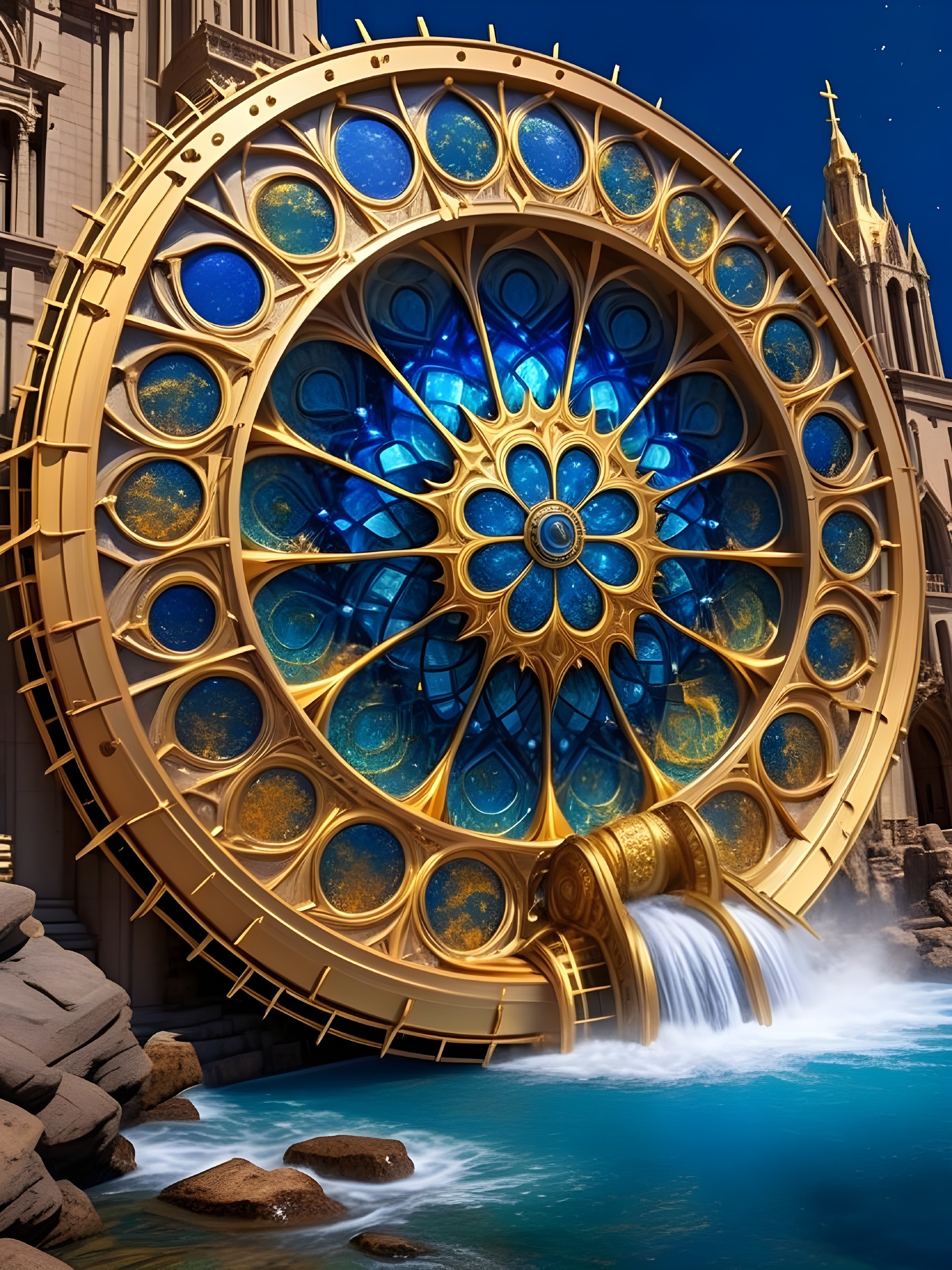 Golden Circular Window with Floral Patterns and Waterfall