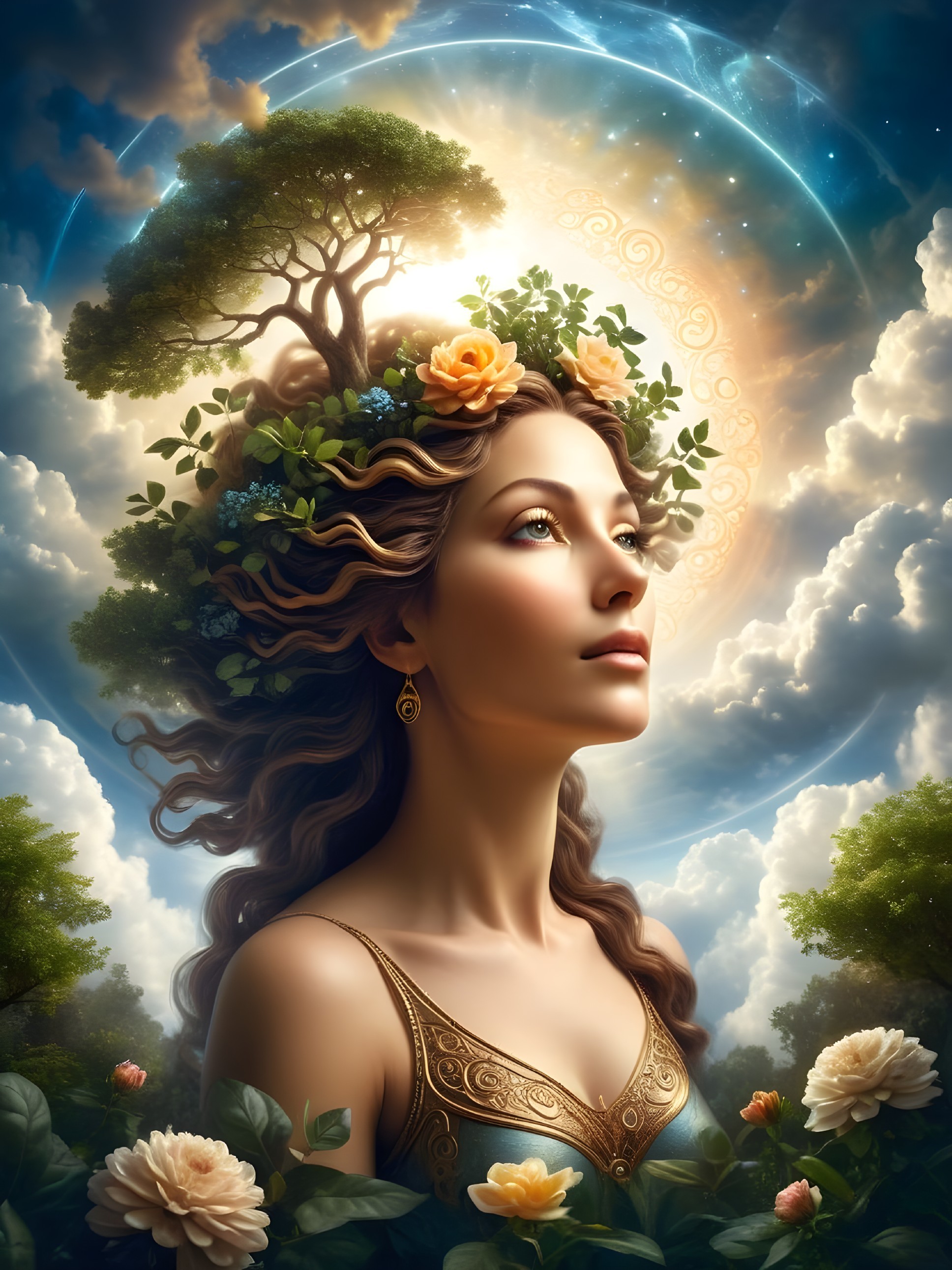 Woman in Golden Dress Surrounded by Nature's Beauty