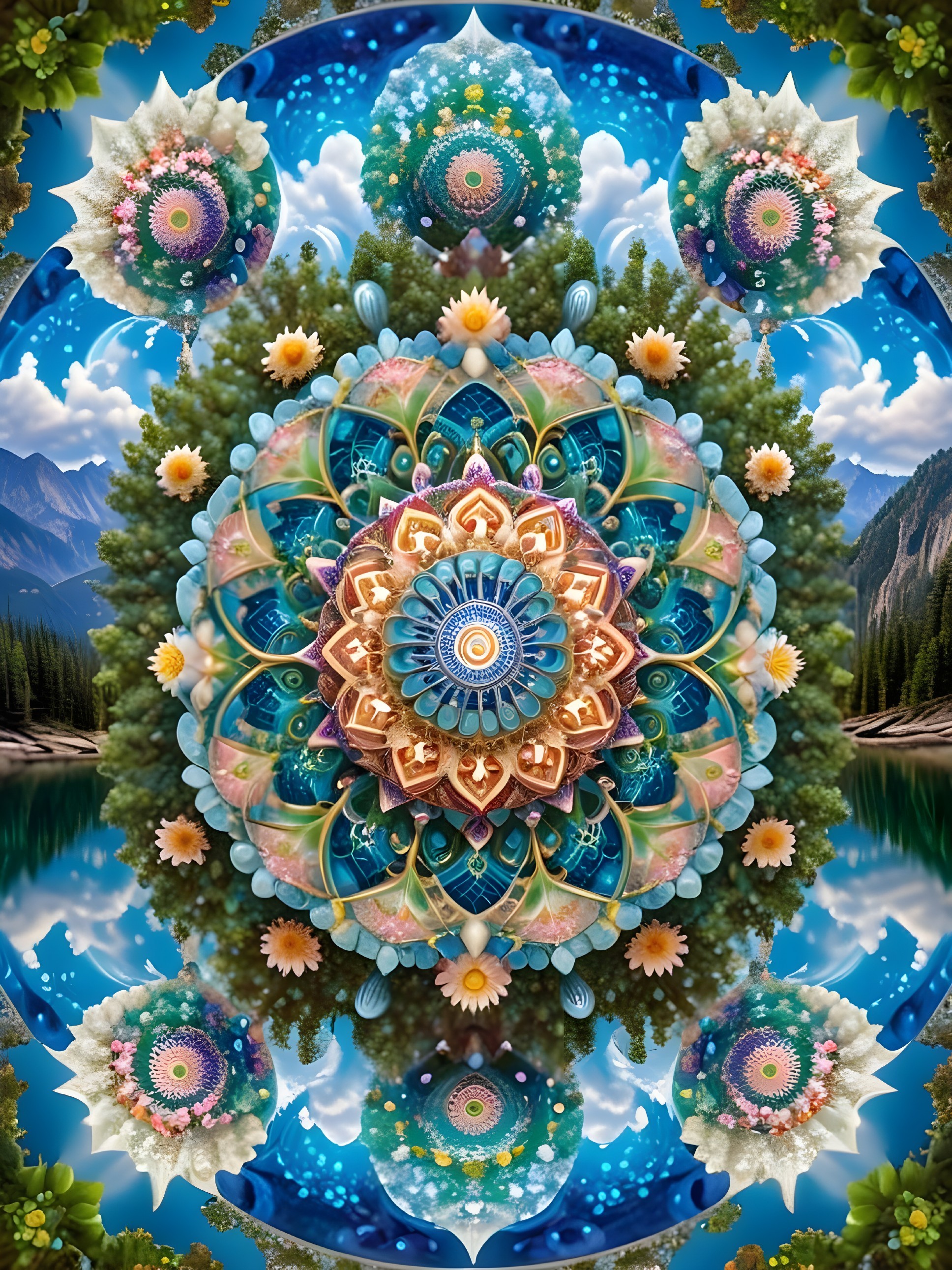 Vibrant Mandala Design in Serene Landscape Scene