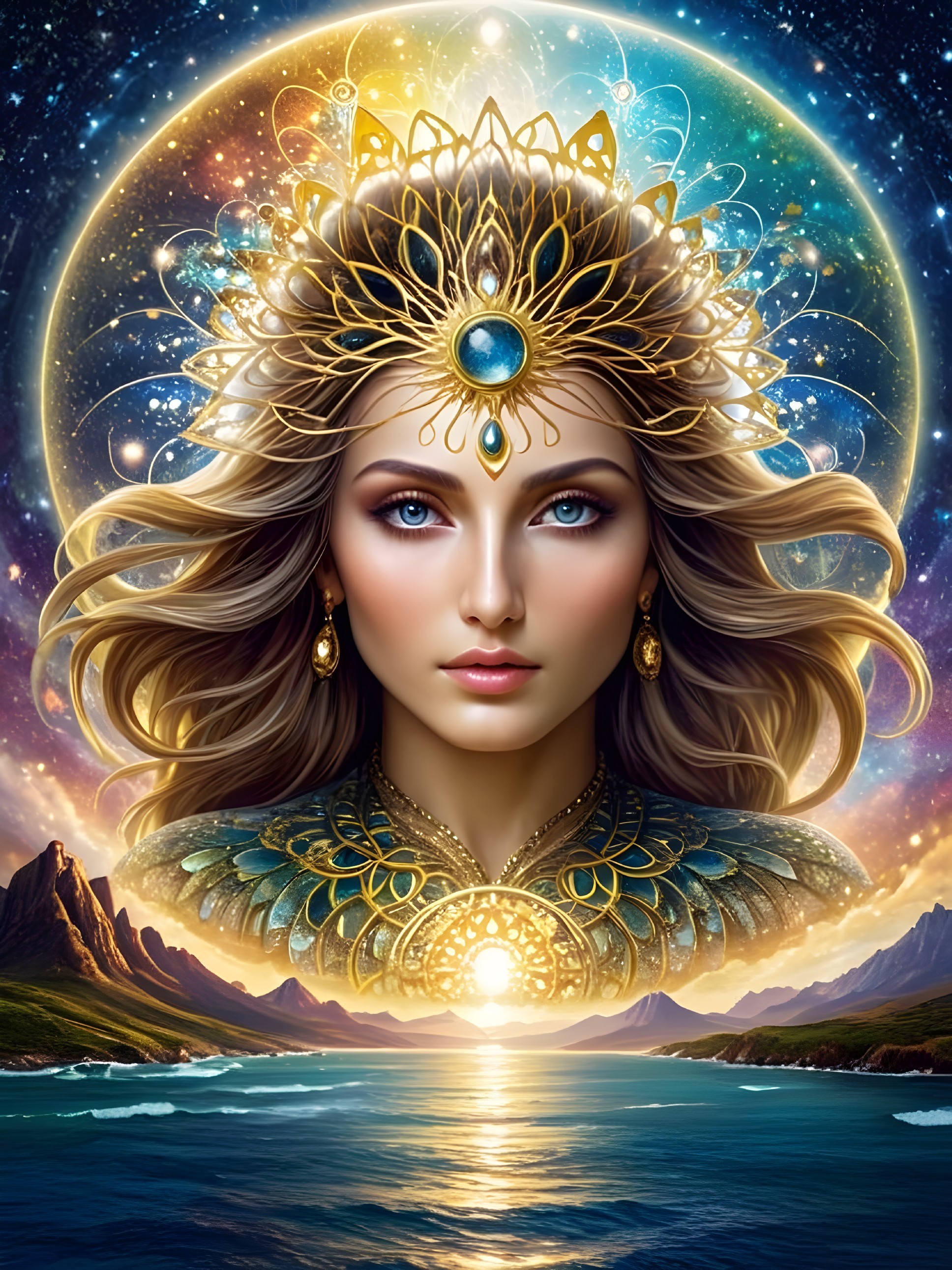 Celestial Queen with Cosmic Backdrop and Ocean Reflection