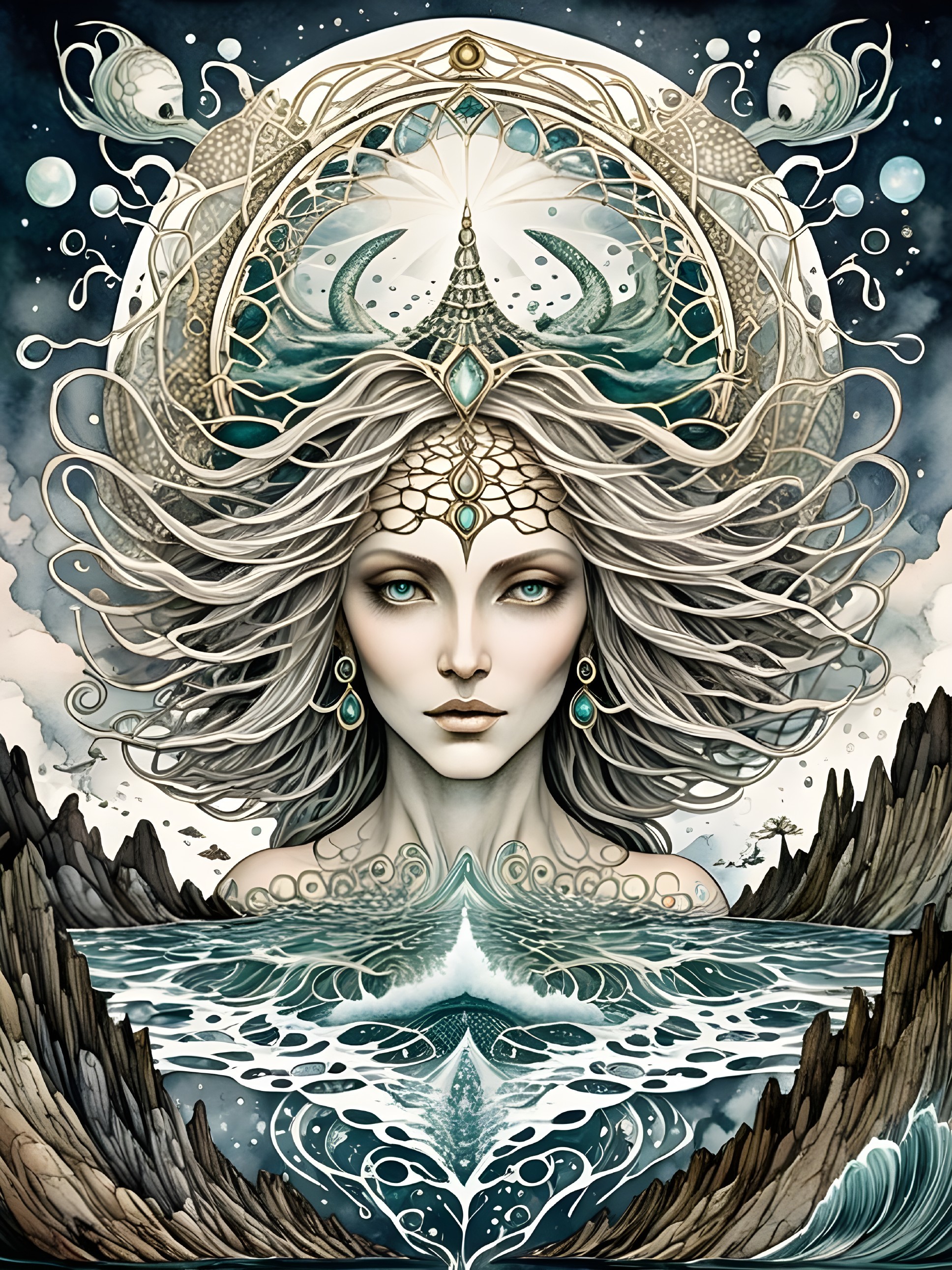Mystical Figure with Oceanic Themes and Marine Elements
