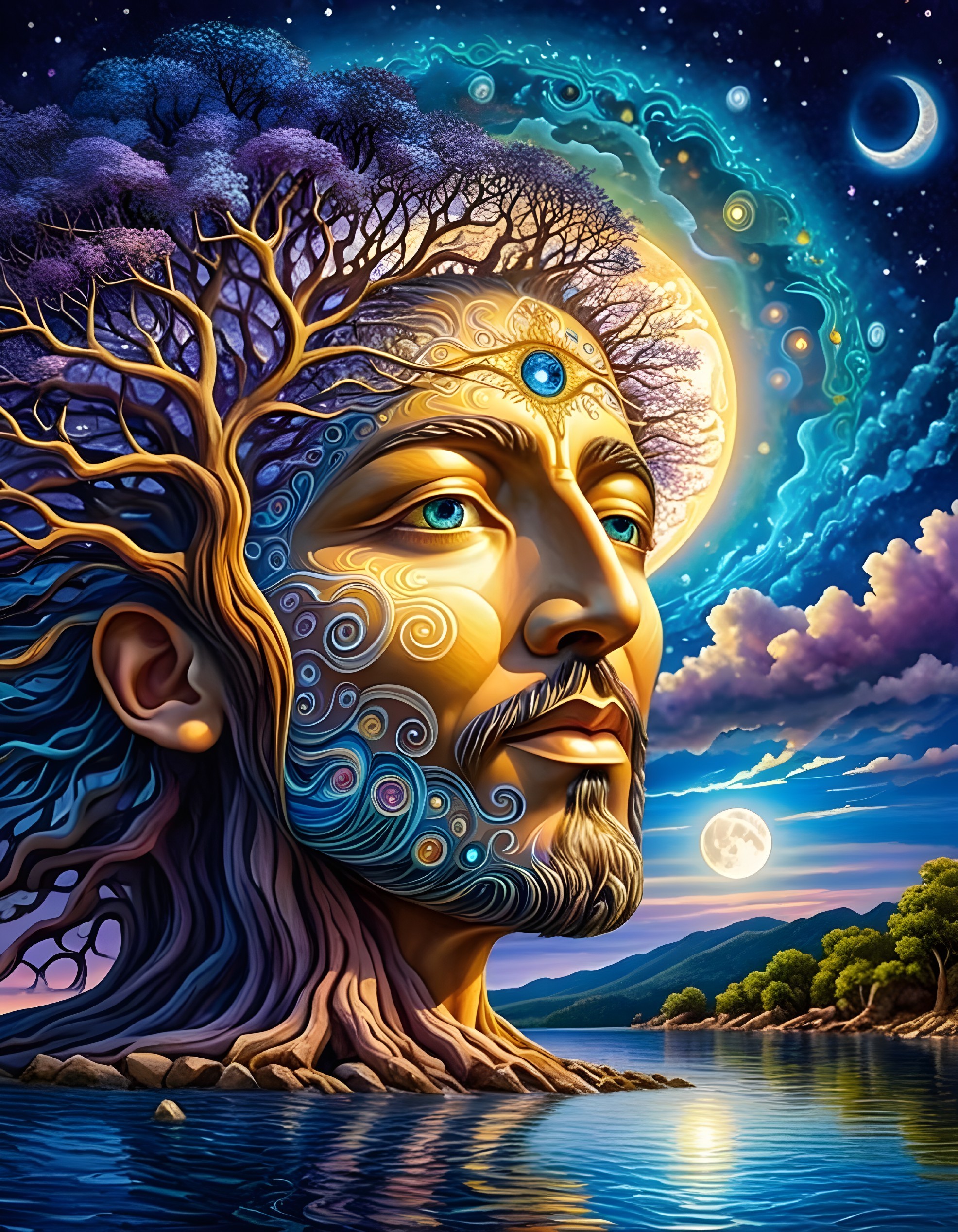 Surreal Scene of Man's Face Merging with Tree