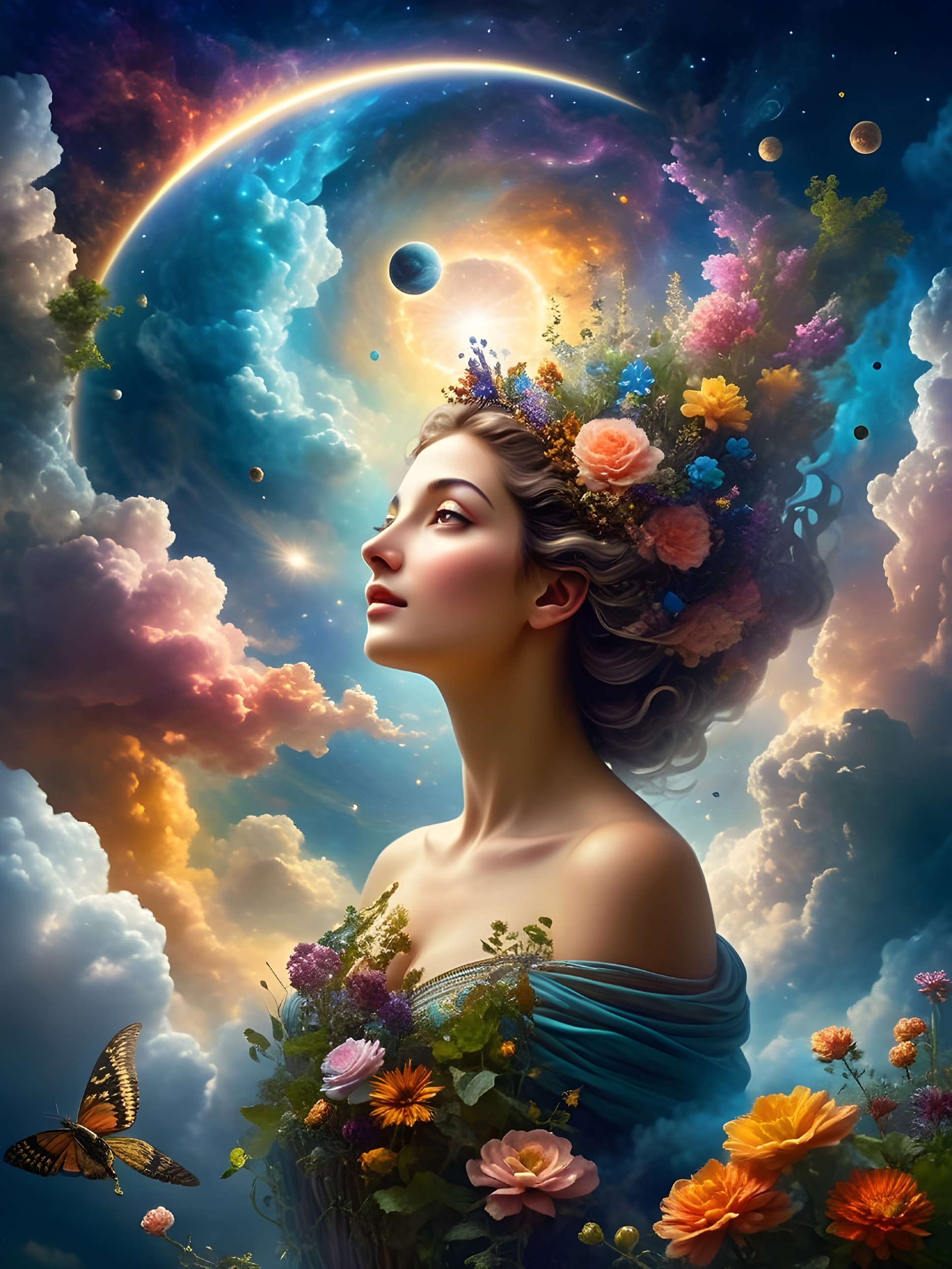Surreal Landscape with Woman, Flowers, and Galaxy