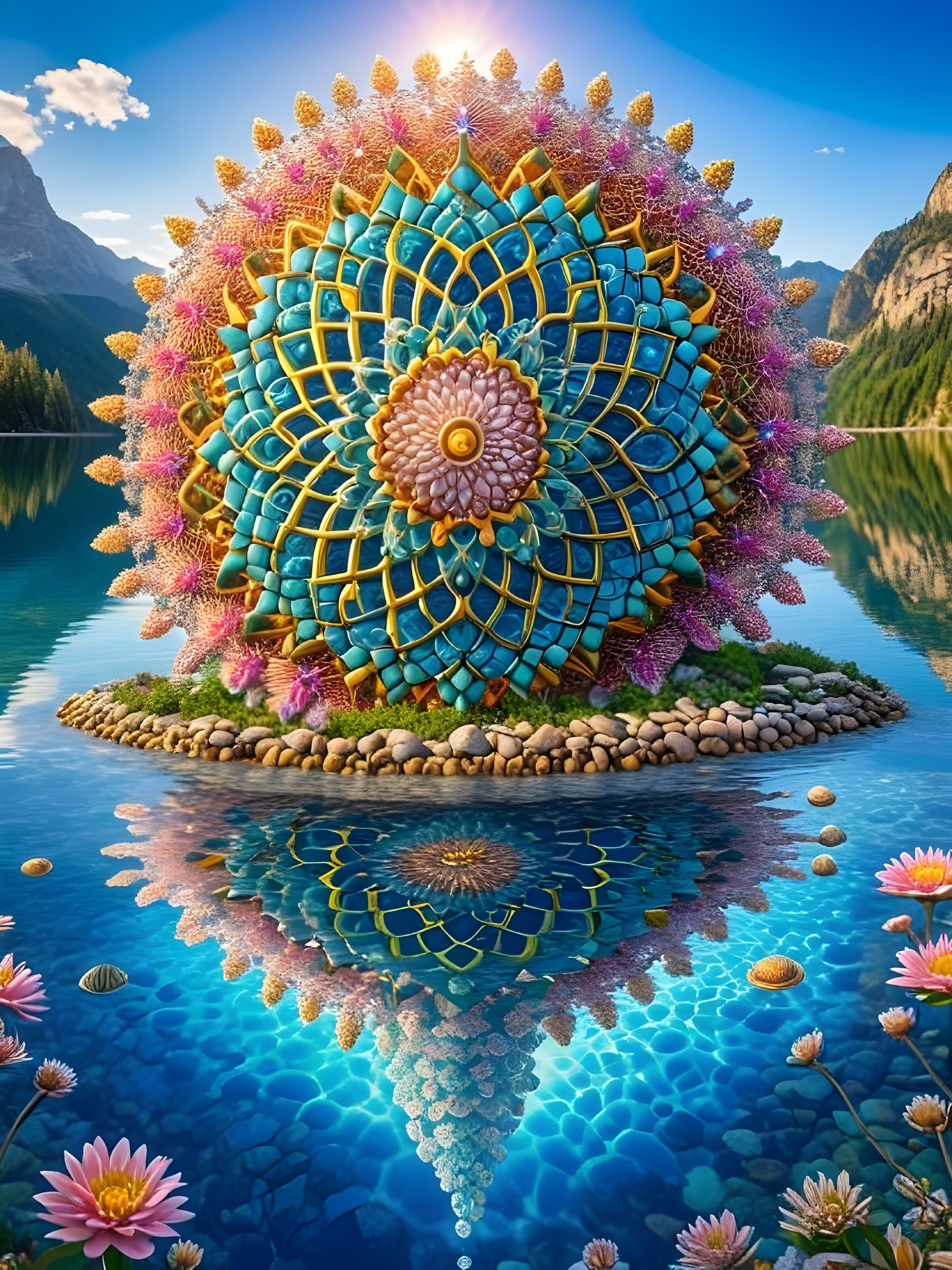 Mandala Structure by Serene Lake with Lush Surroundings