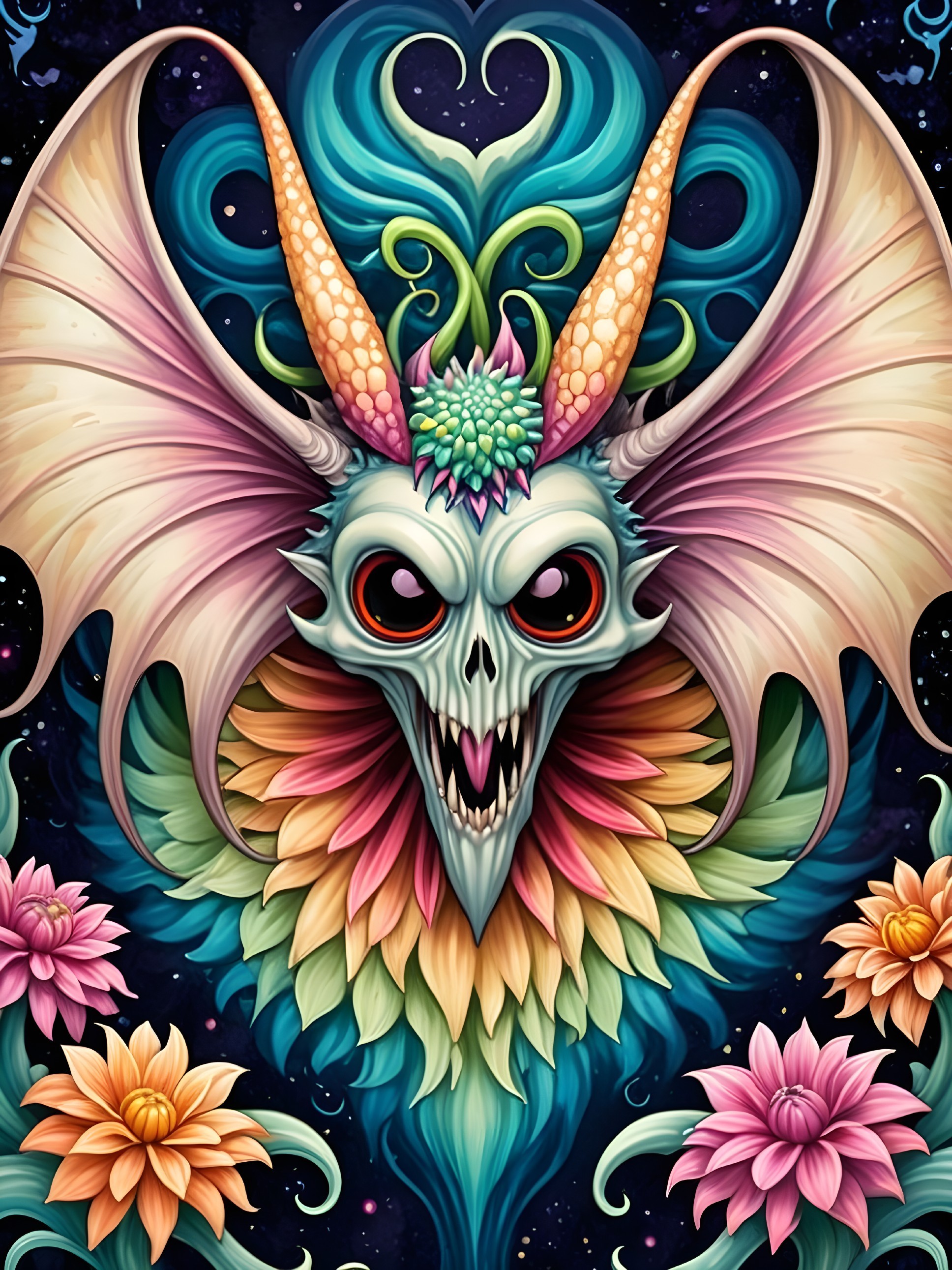 Vividly Colored Fantastical Creature with Floral Elements