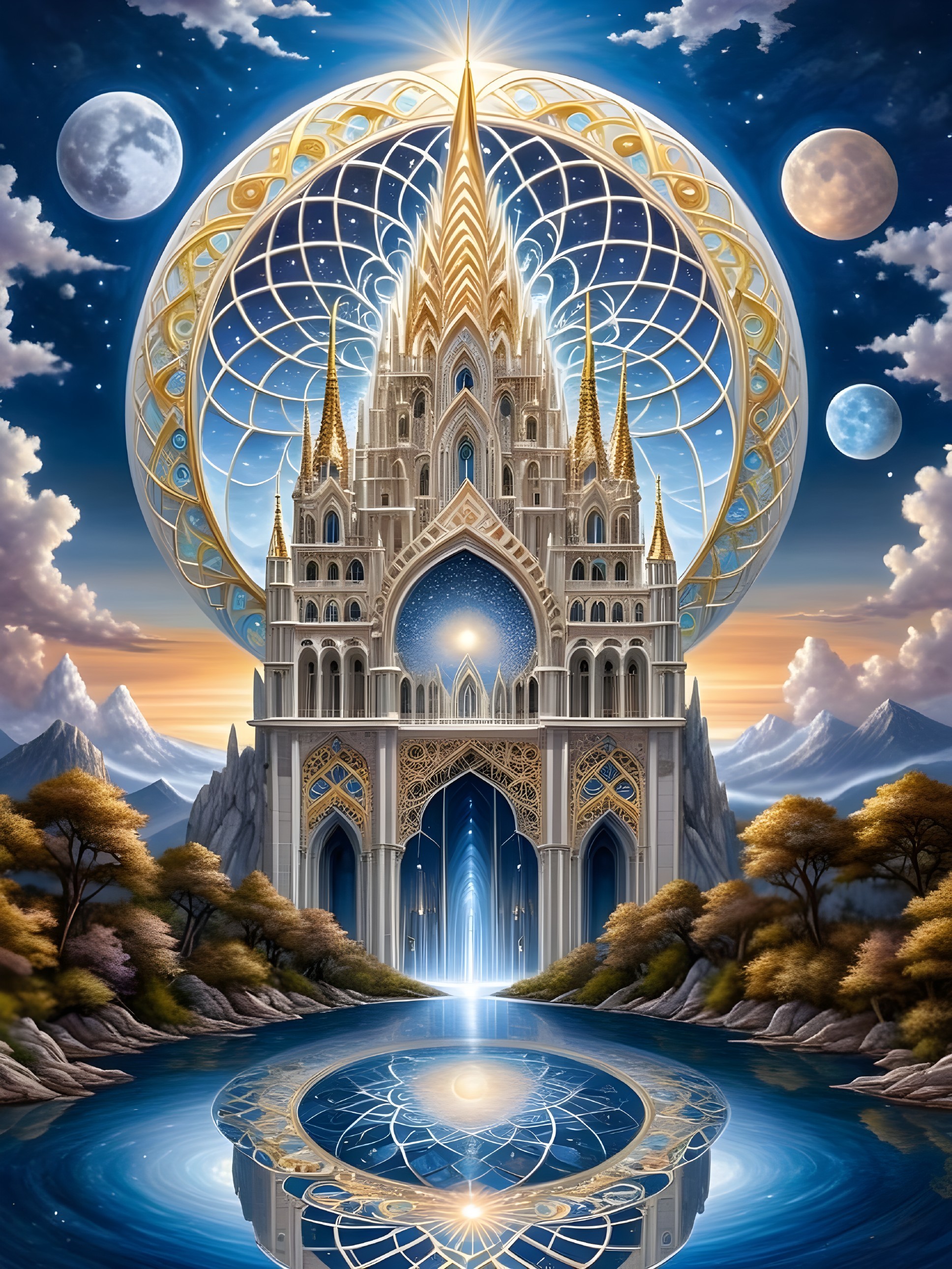 Majestic Castle Against Cosmic Backdrop and Lake