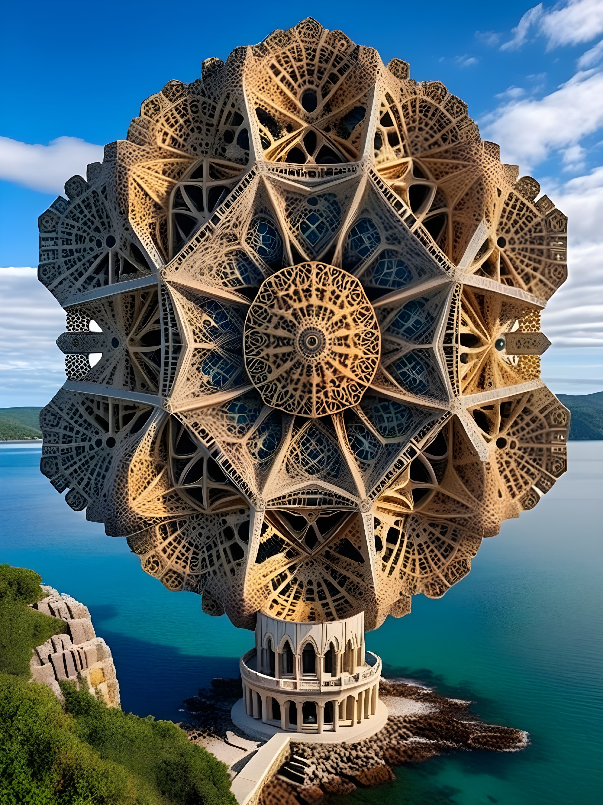 Futuristic Mandala Structure by Serene Water Body