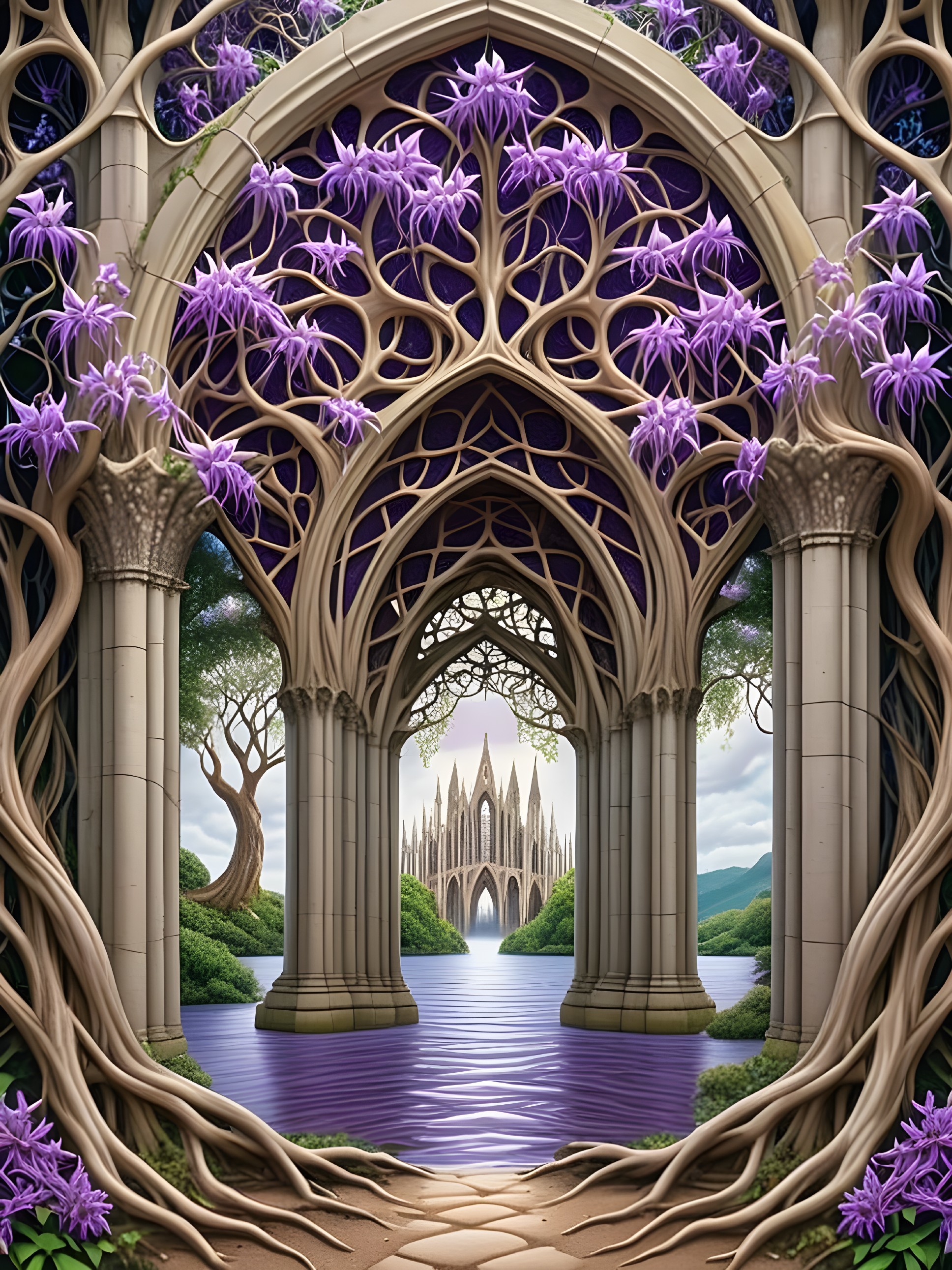 Fantasy Landscape with Stone Arches and Castle Reflection