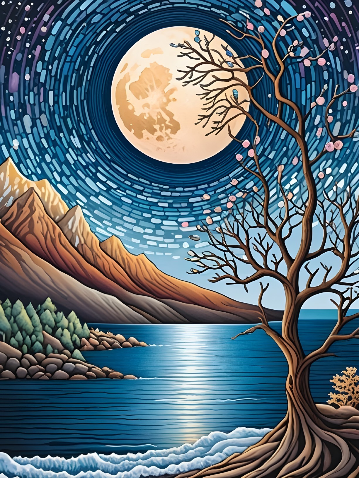 Serene landscape with moon, lake, mountains, and stars