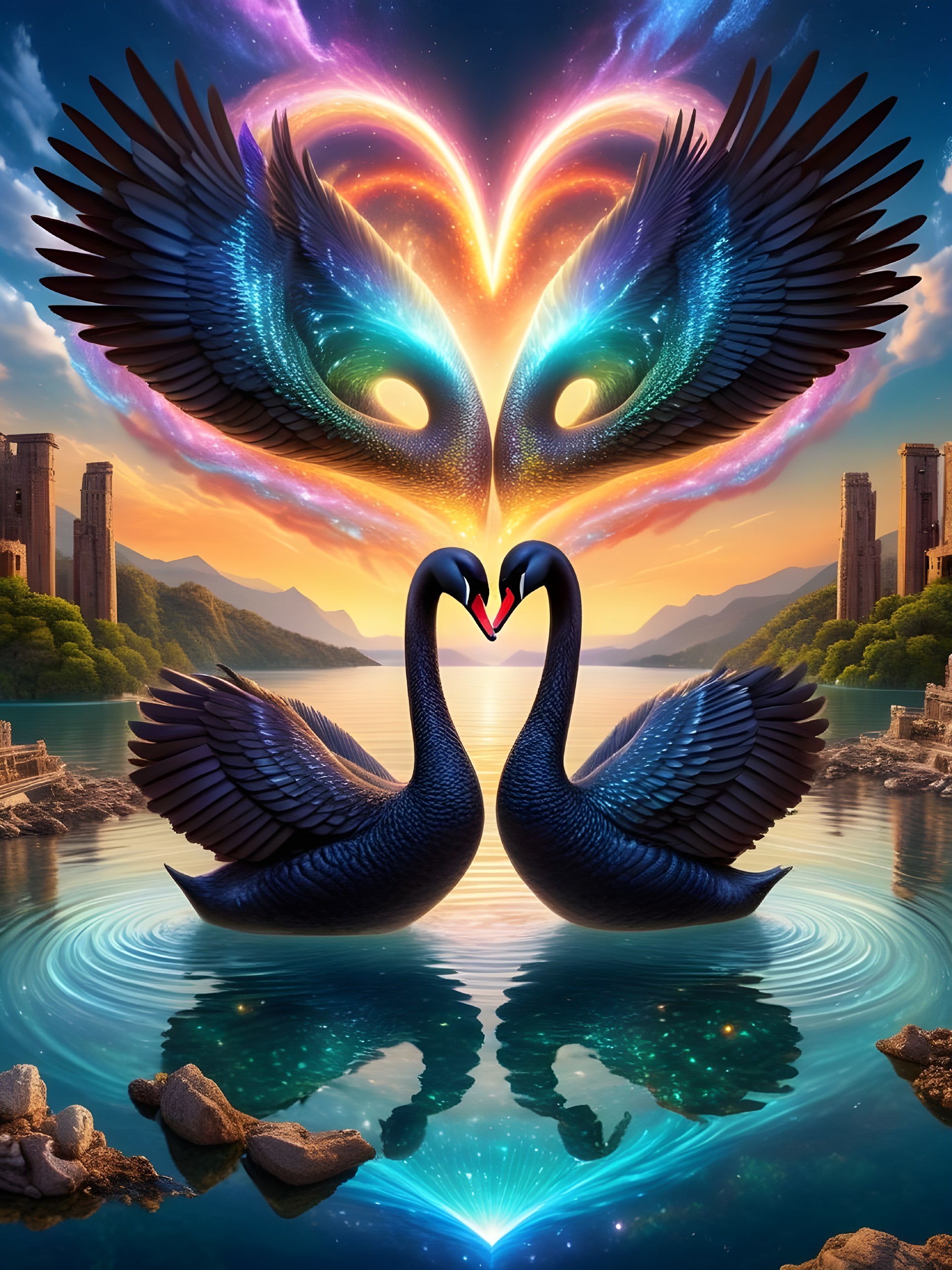 Black Swans Form Heart Amidst Colorful Cosmic Scene