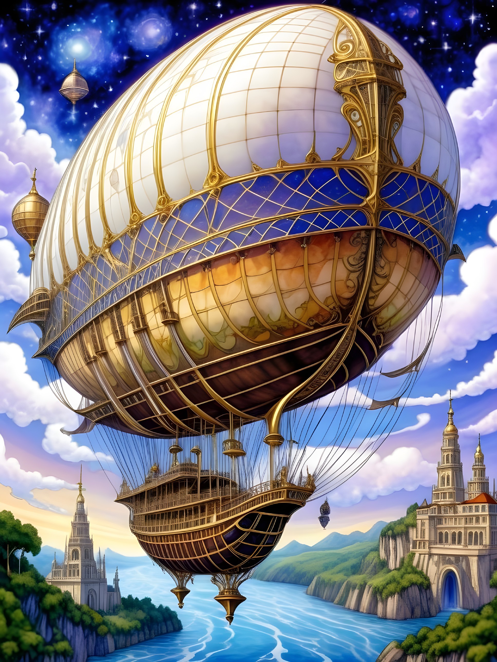 Fantasy Digital Painting of Steampunk Airship and Castle