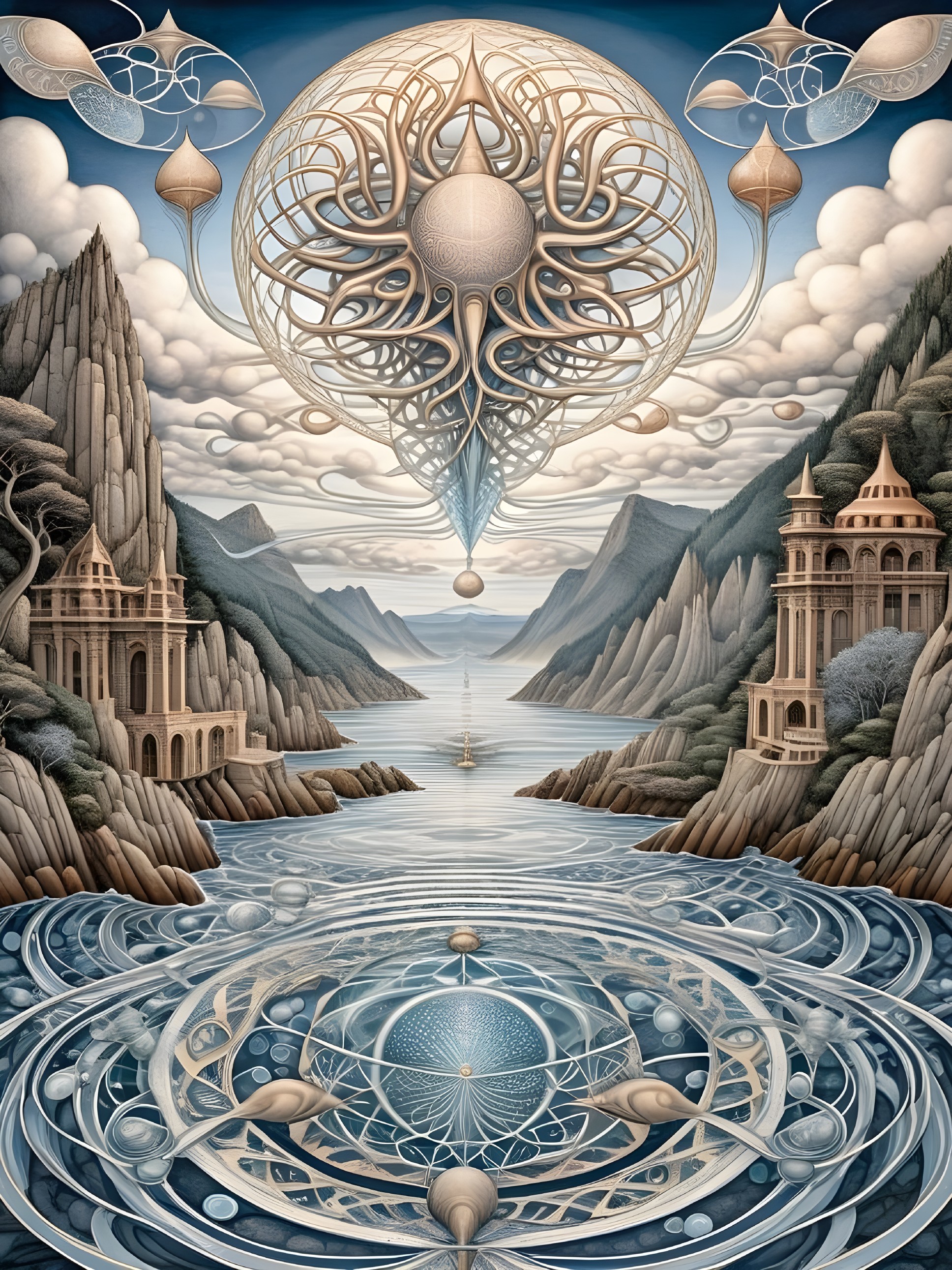 Surreal Landscape with Mountains and Geometric Patterns