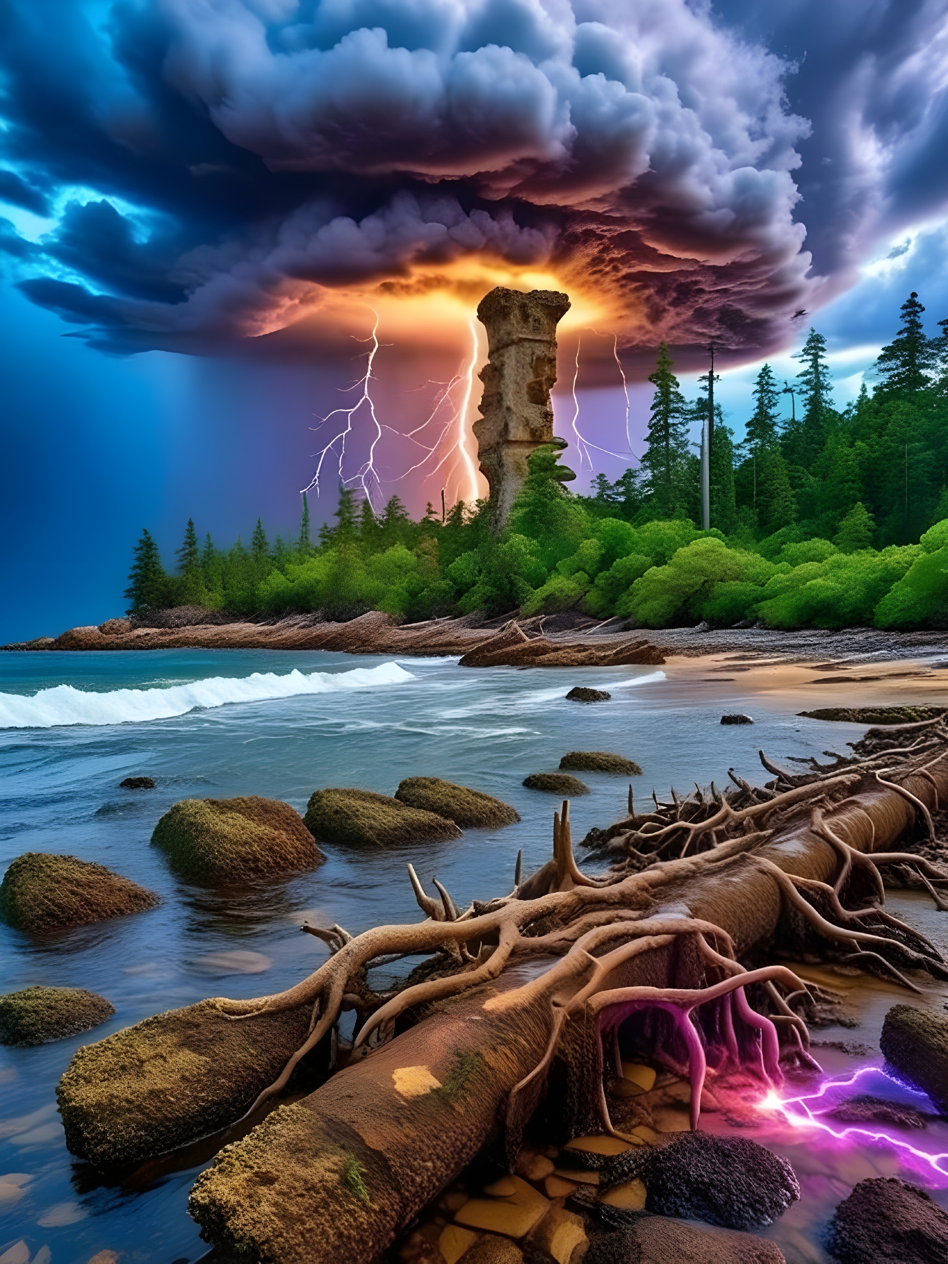 Dramatic Coastal Scene with Rock Formation and Stormy Sky