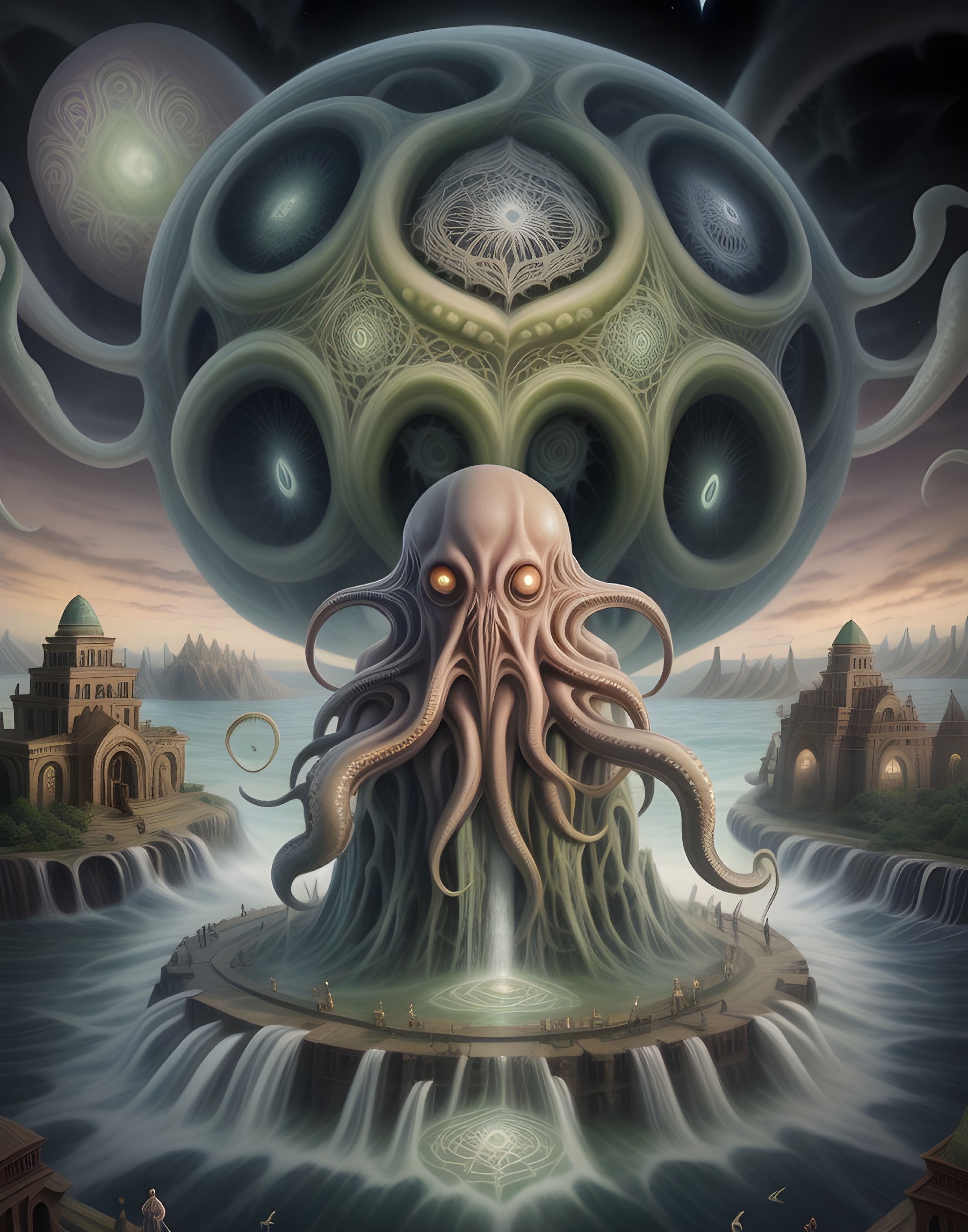 Colossal Lovecraftian Creature Over Mystical Ocean
