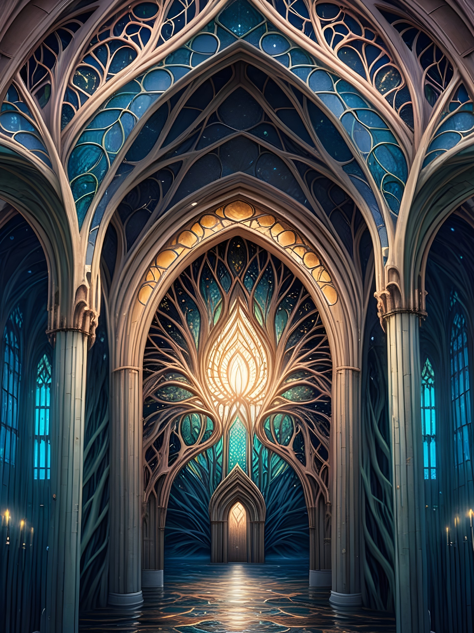 Fantastical Hall with Arches and Tree Motifs