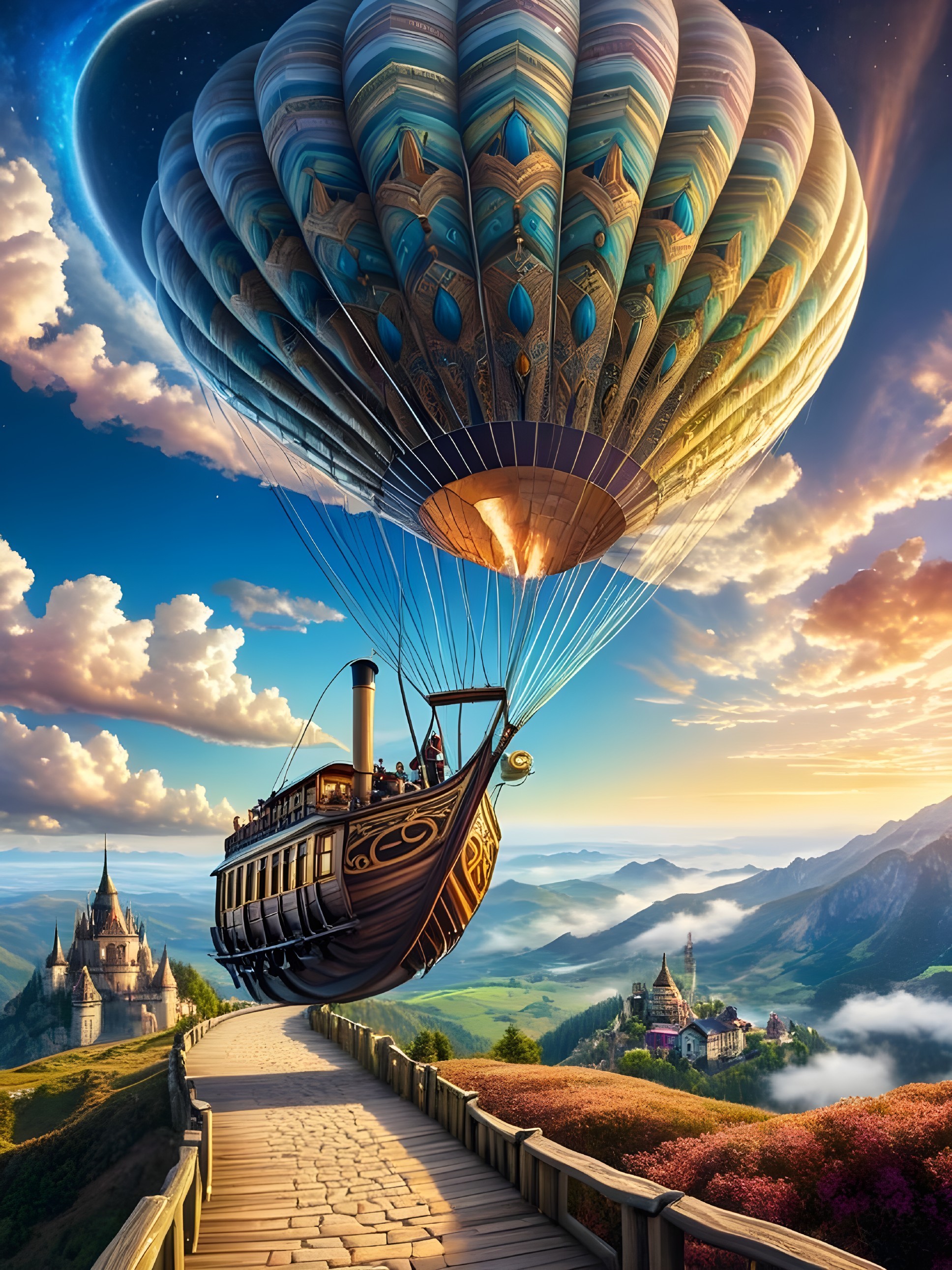 Intricately Designed Hot Air Balloon in Vibrant Sky
