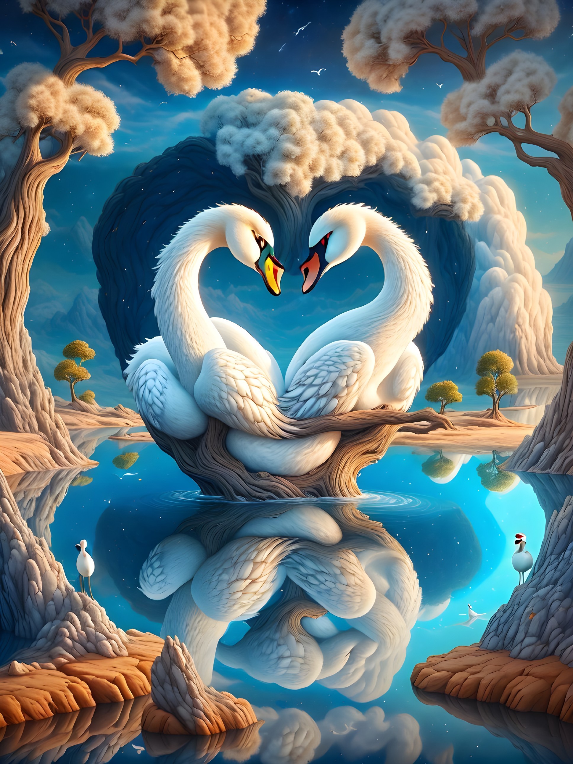 Swans Forming Heart Shape in Serene Landscape