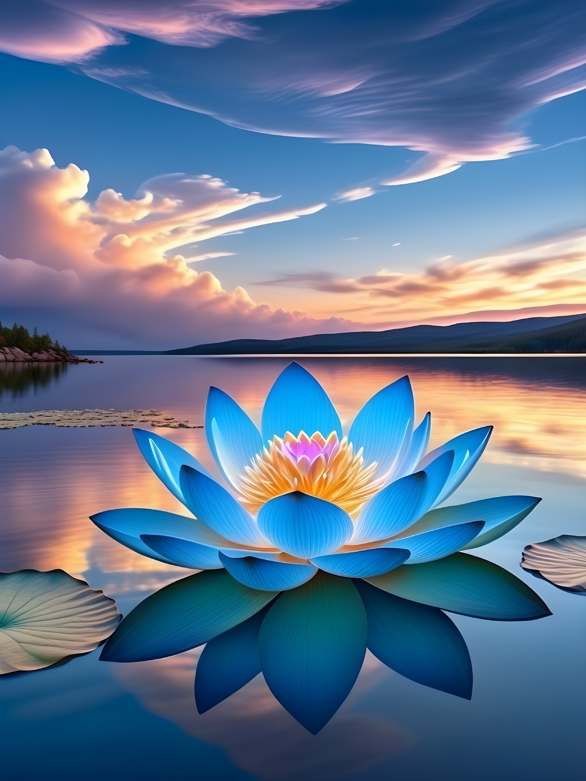 Vibrant Blue Lotus Flower on Tranquil Lake at Sunset