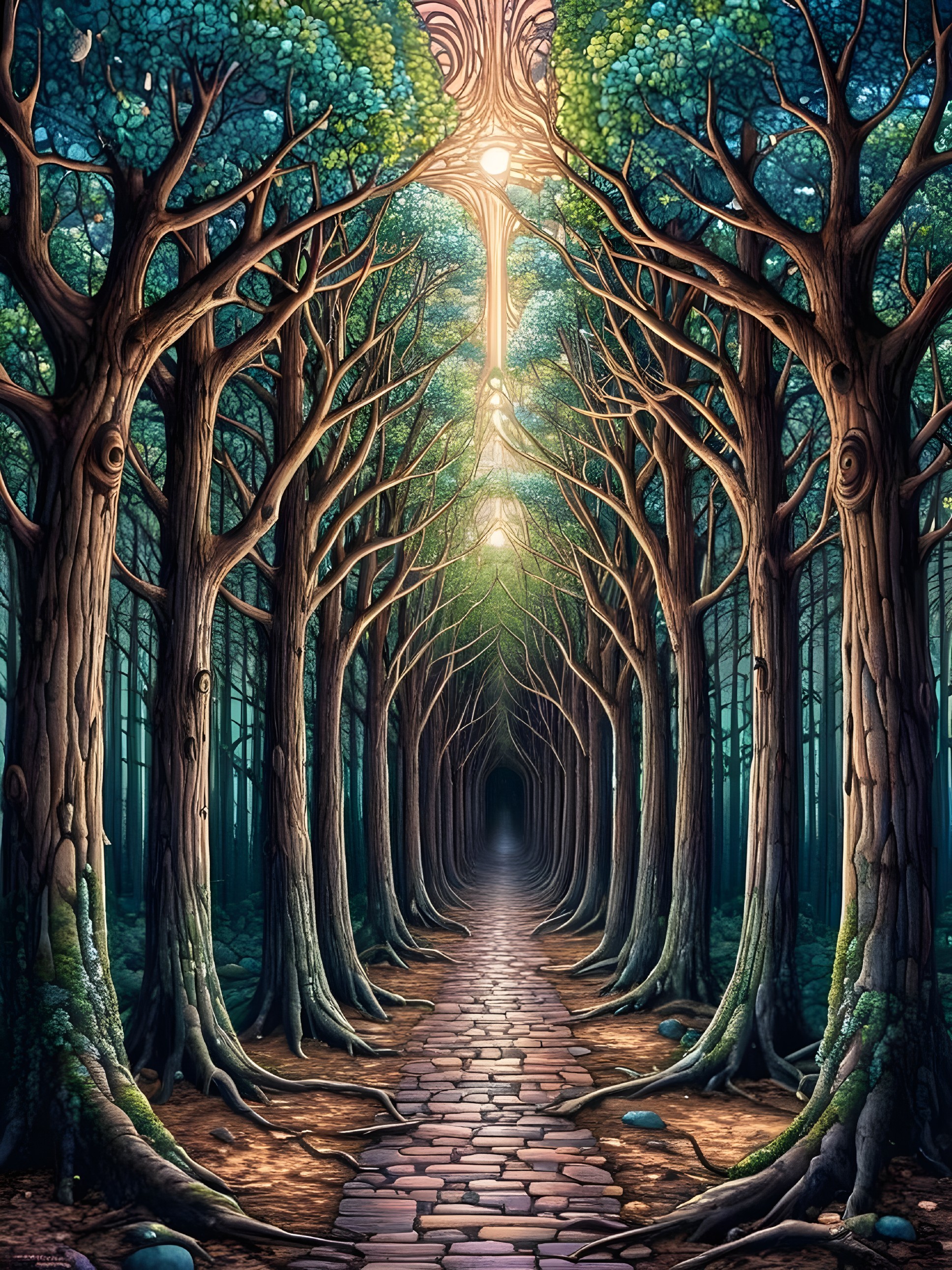 Mystical Forest Path with Ancient Trees and Glow