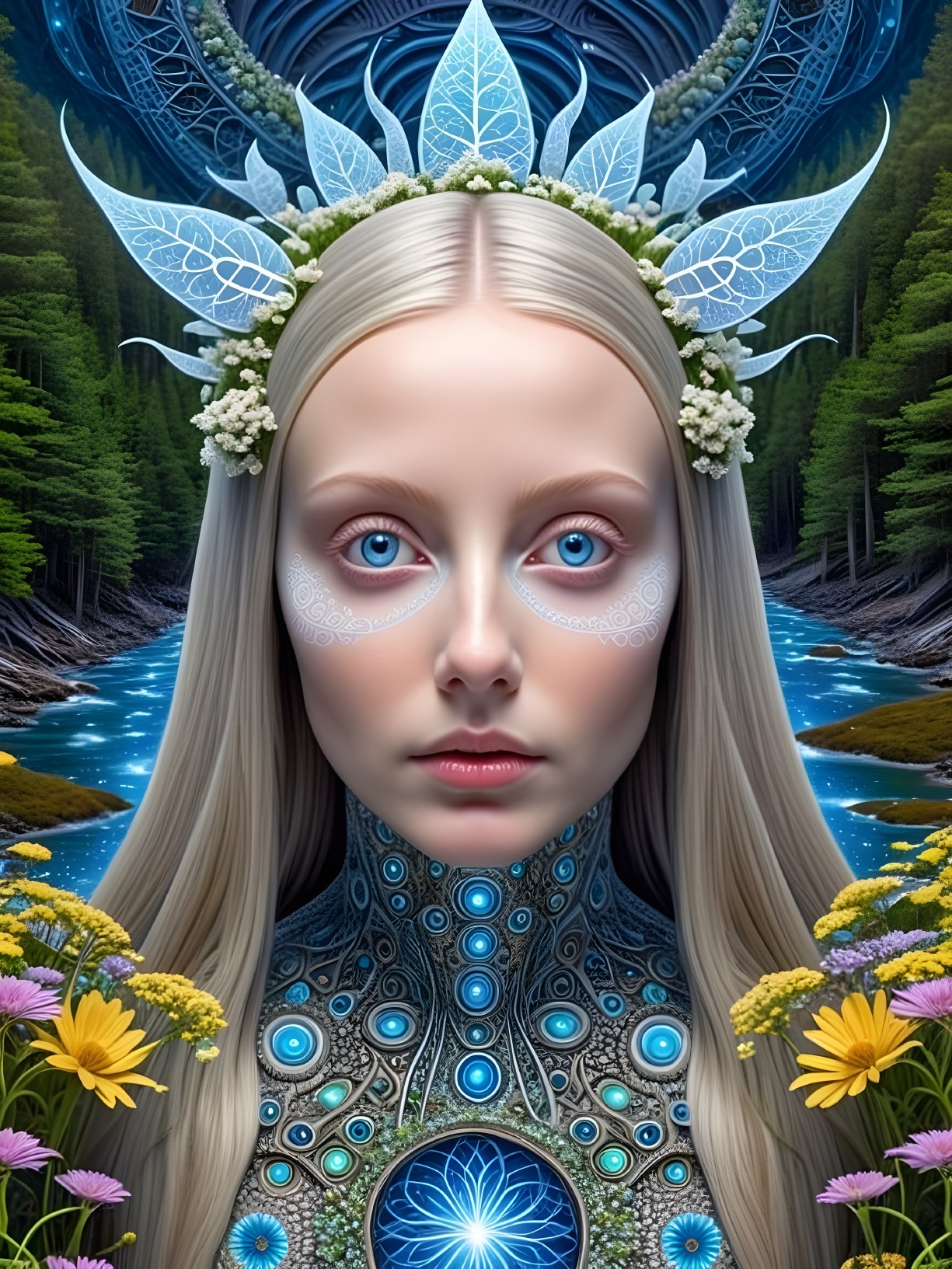Serene Woman in Forest with Floral Crown and Patterns