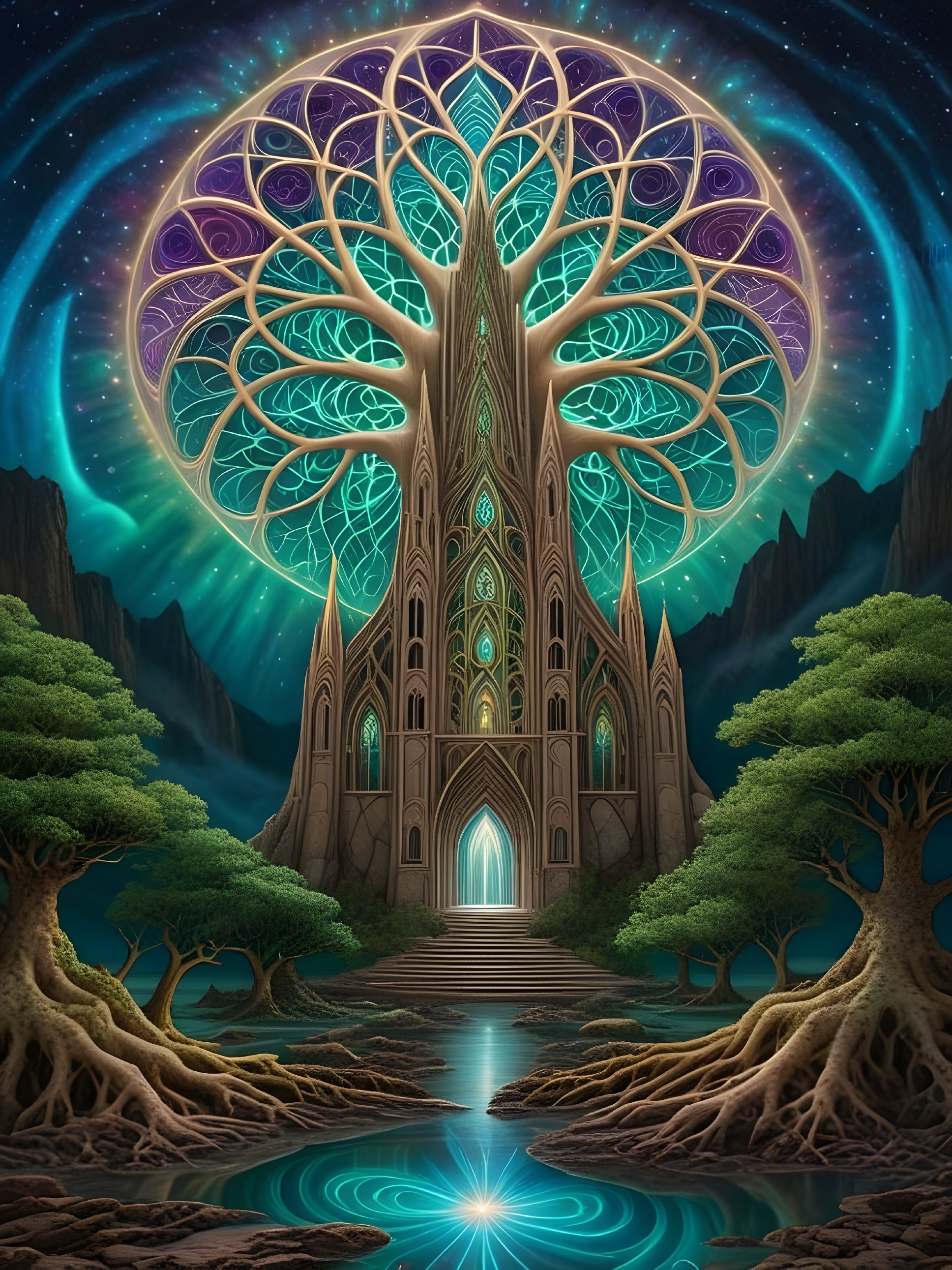 Majestic tree and glowing castle in a mystical setting