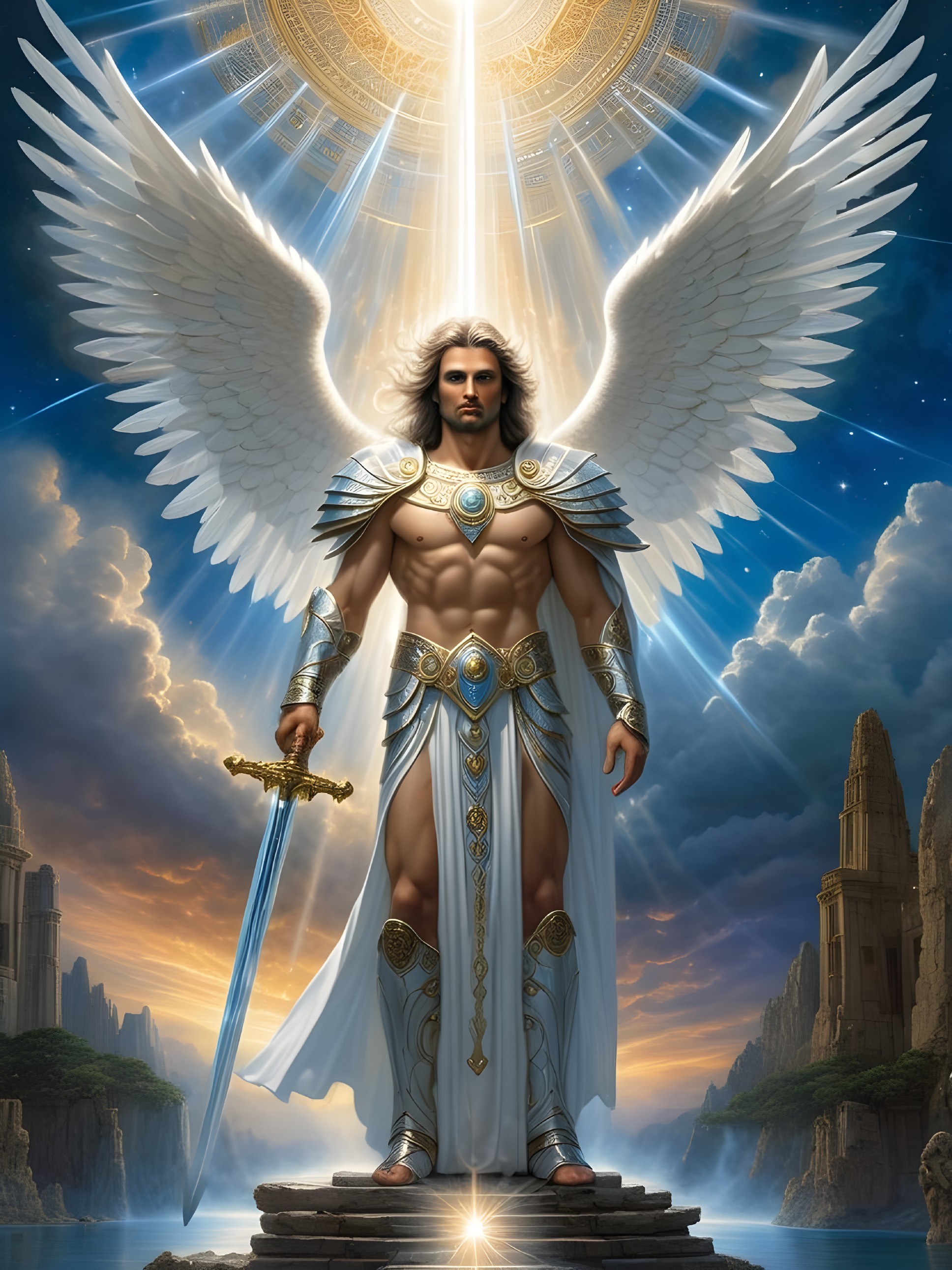 Majestic angel with wings in a serene landscape