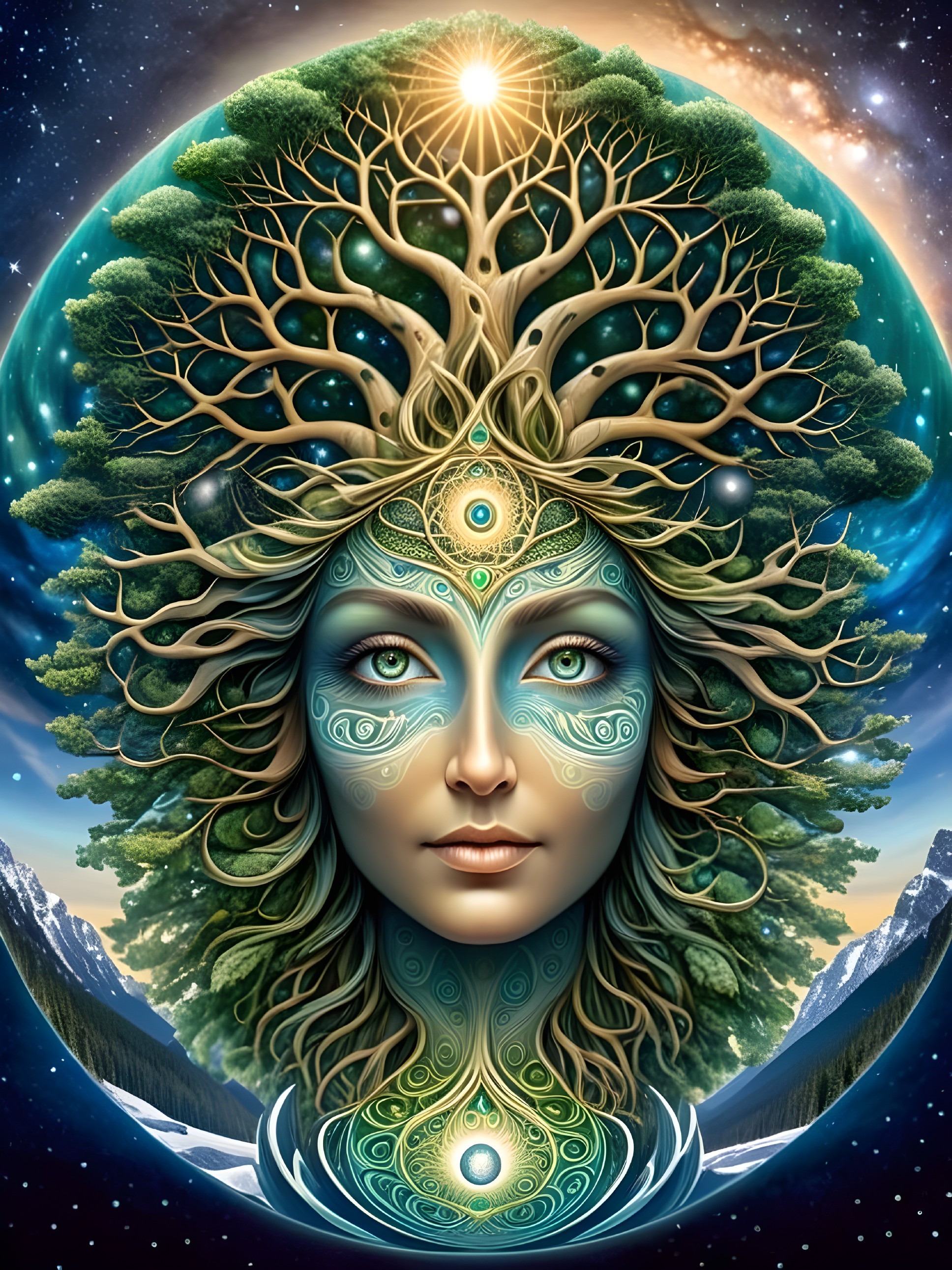 Ethereal Figure with Tree Canopy and Cosmic Background