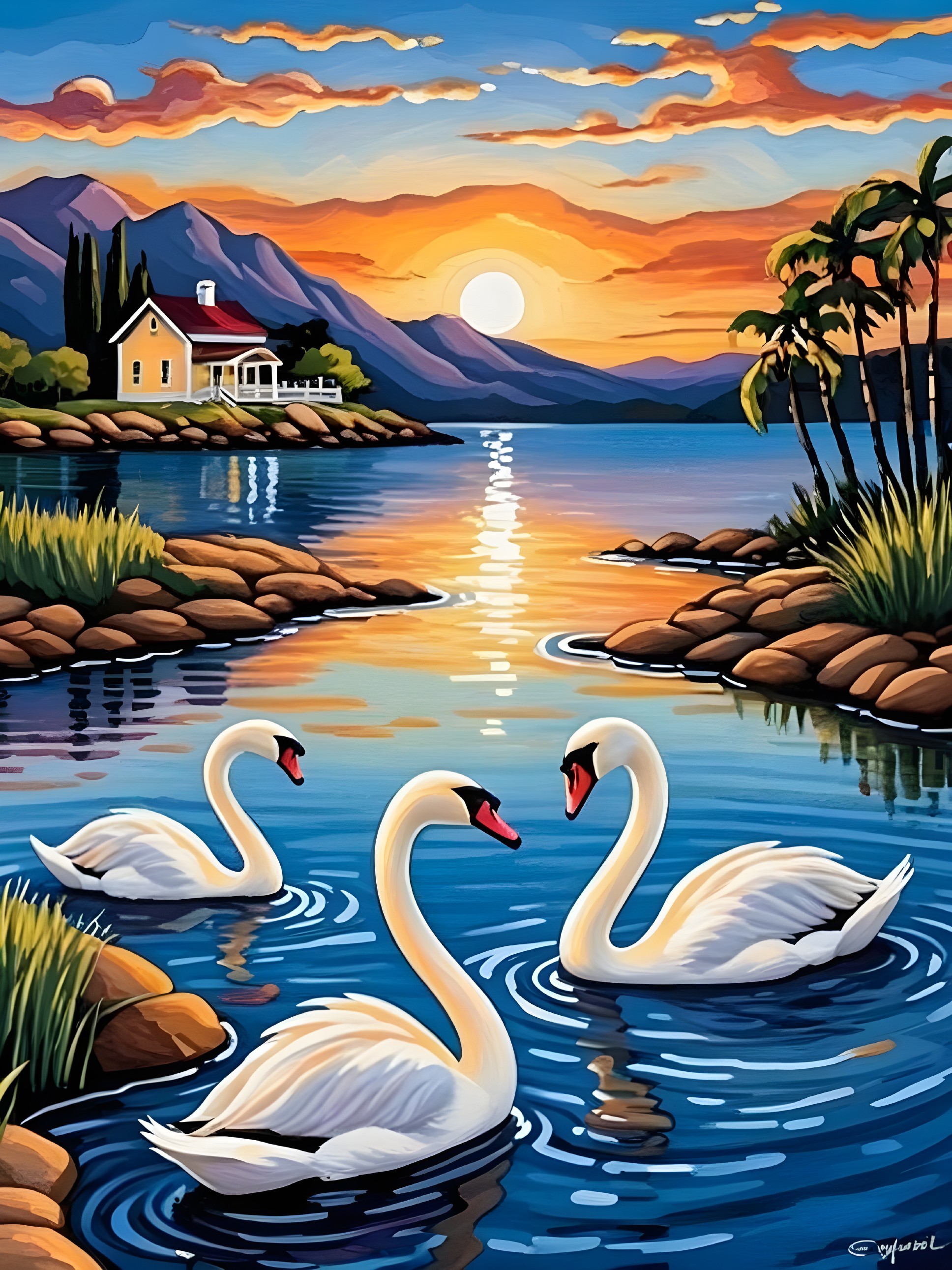 Serene Landscape with Swans and Sunset Reflections
