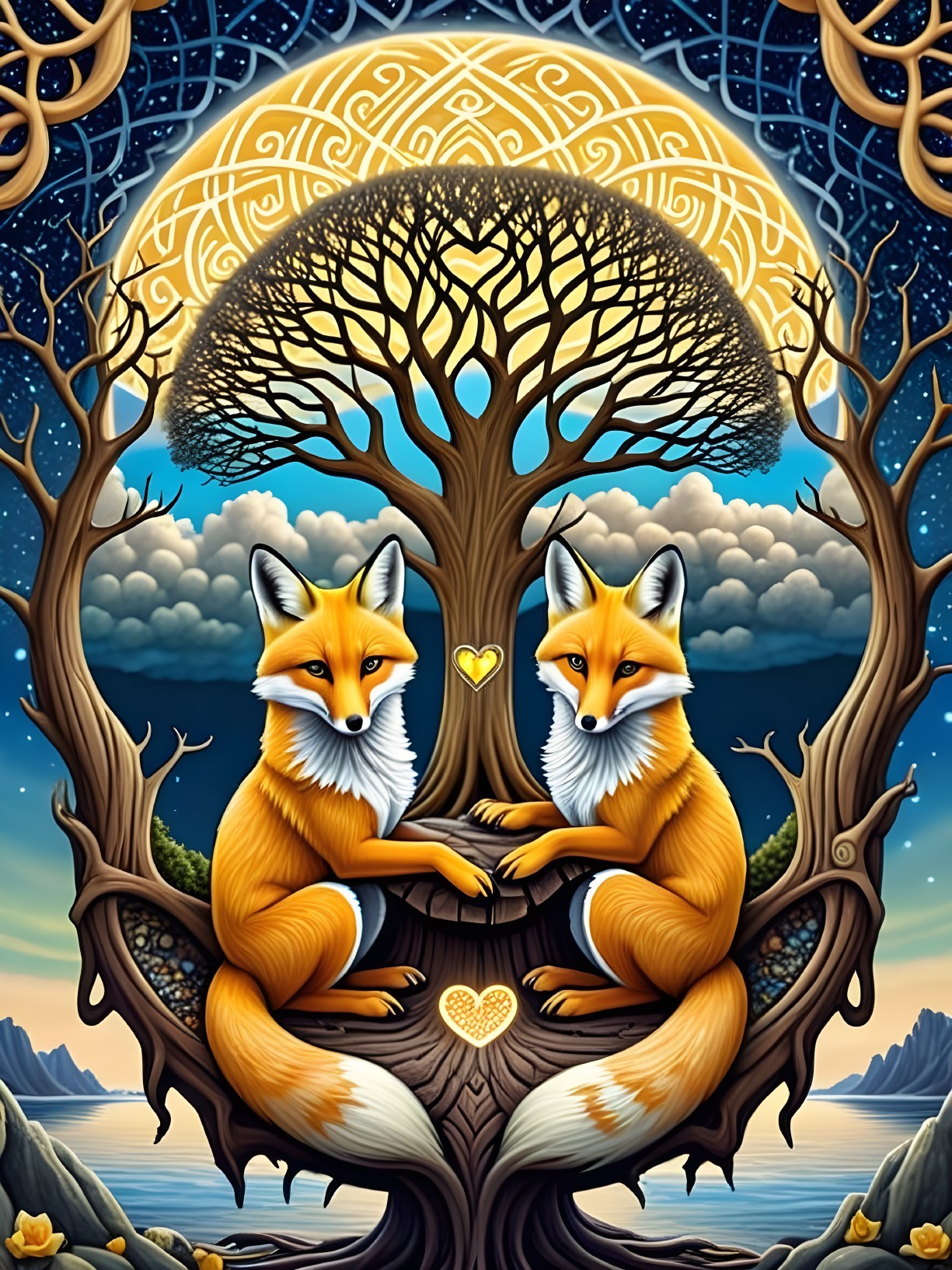 Foxes by a Grand Tree Under Celestial Backdrop