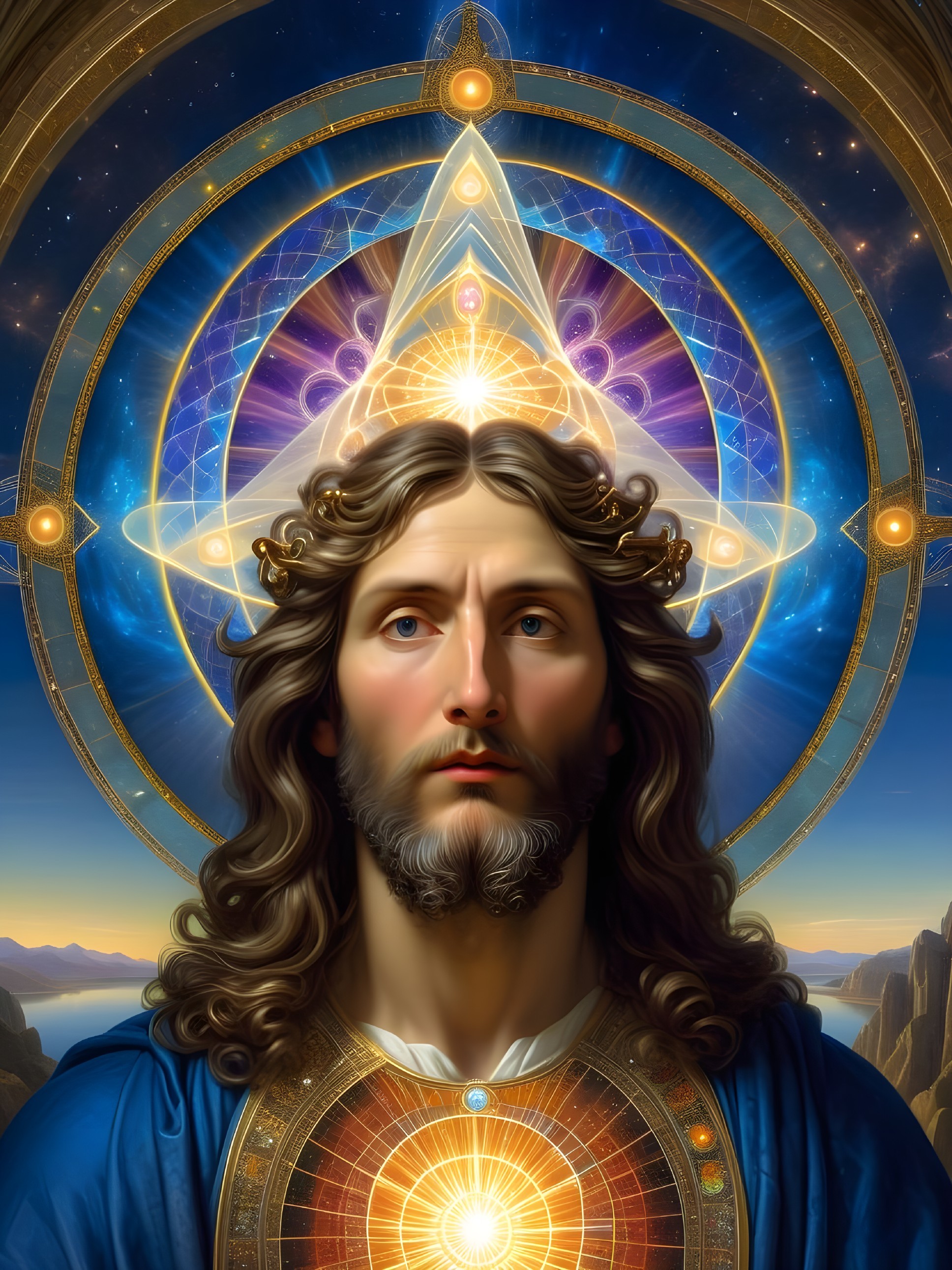 Serene figure with crown in cosmic setting