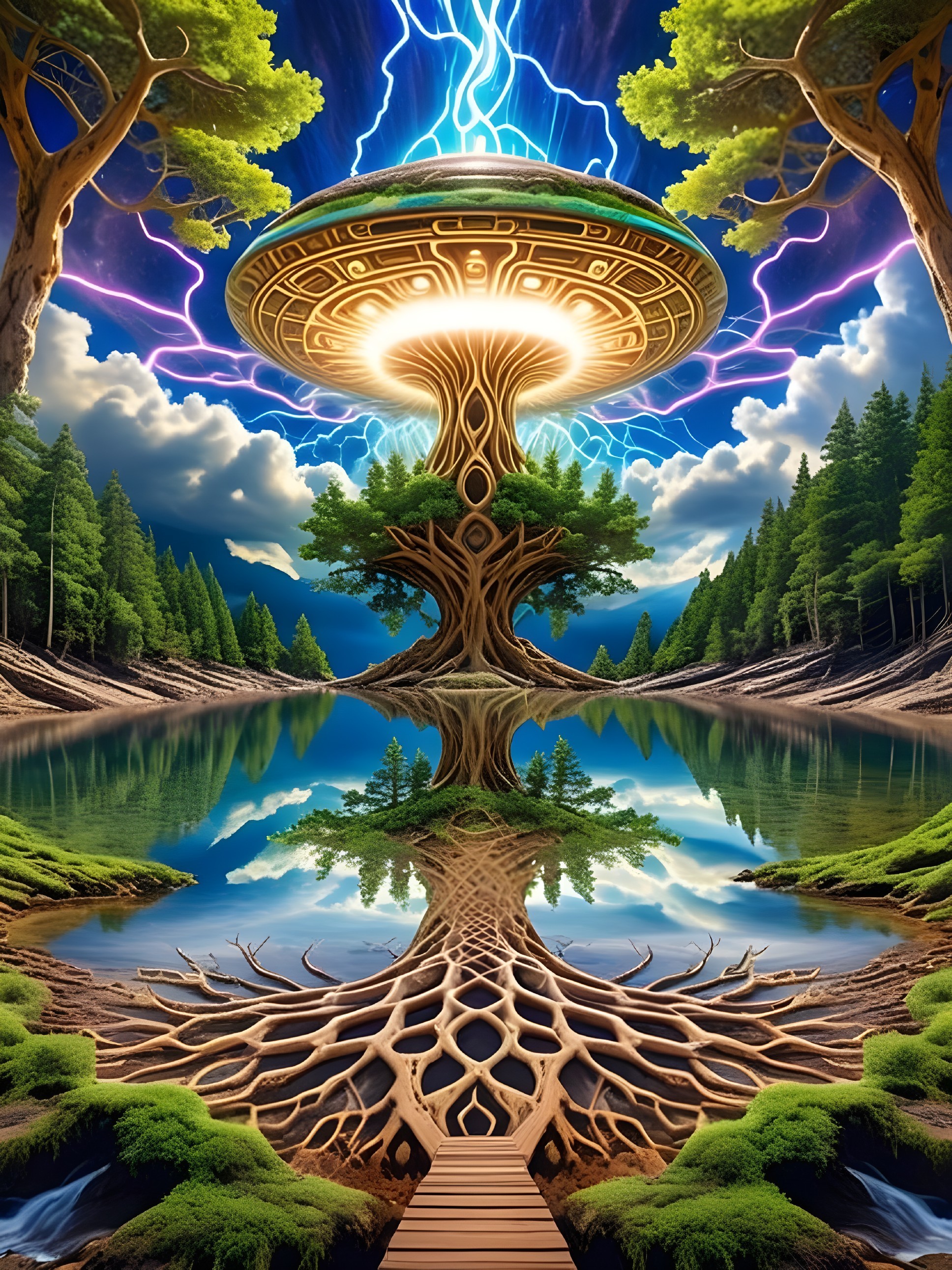 Majestic Tree and UFO Over Tranquil Lake Scene