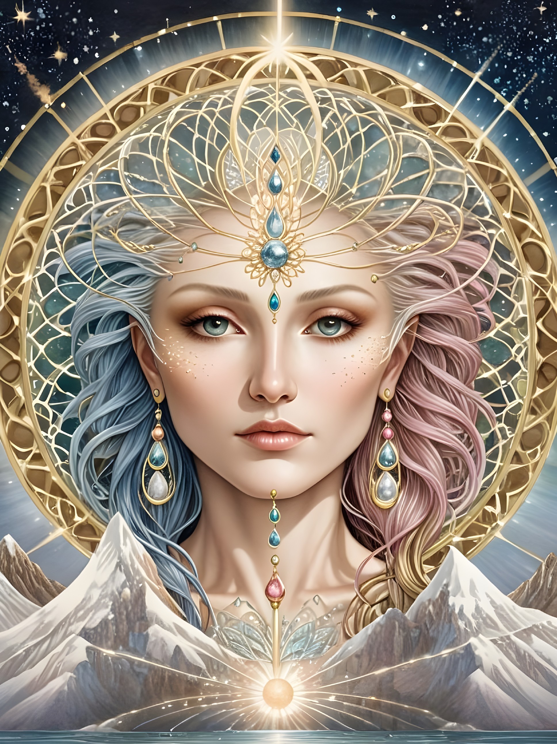 Celestial Woman with Flowing Hair and Radiant Light