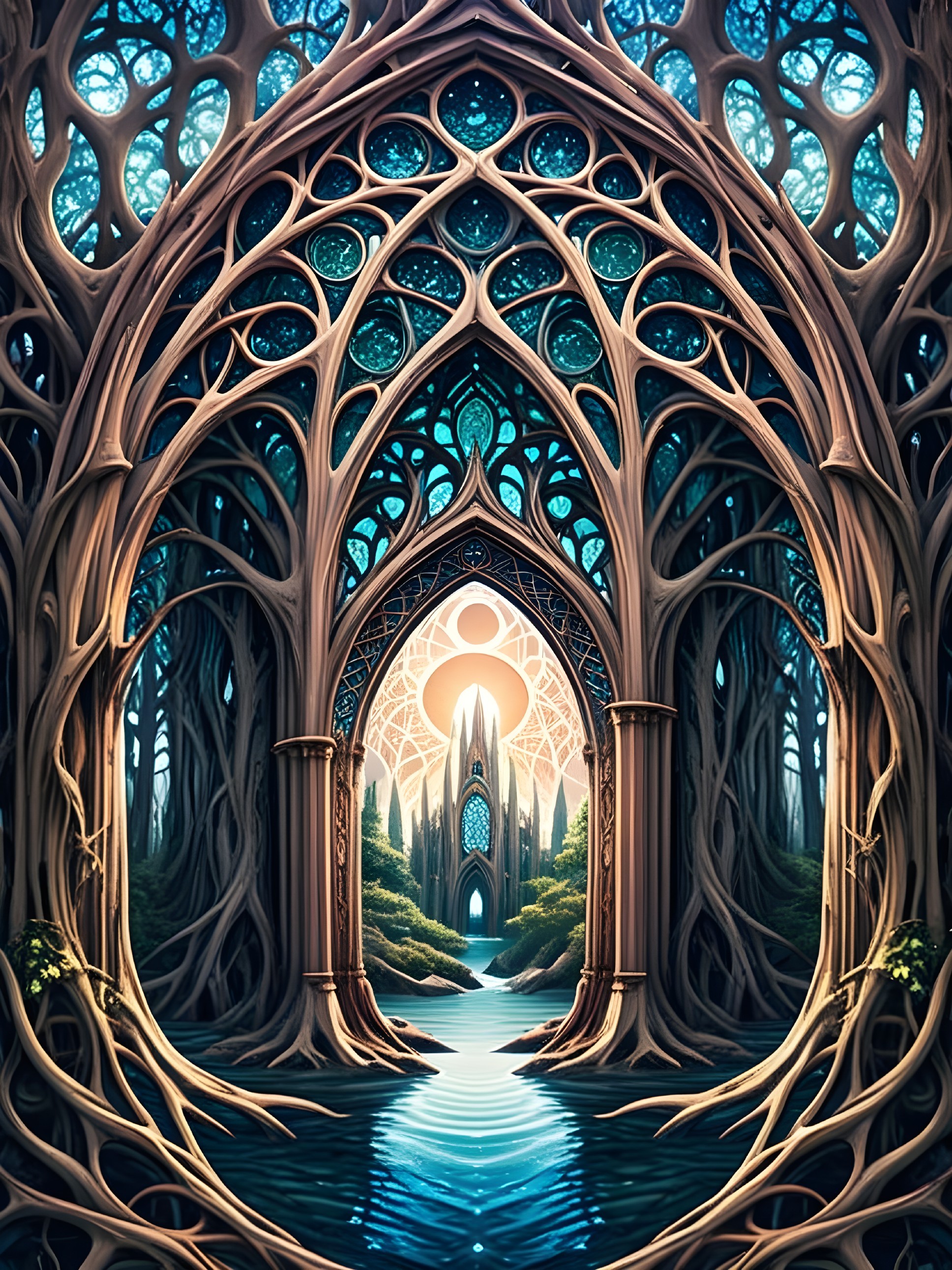 Mystical forest with ornate trees and serene river