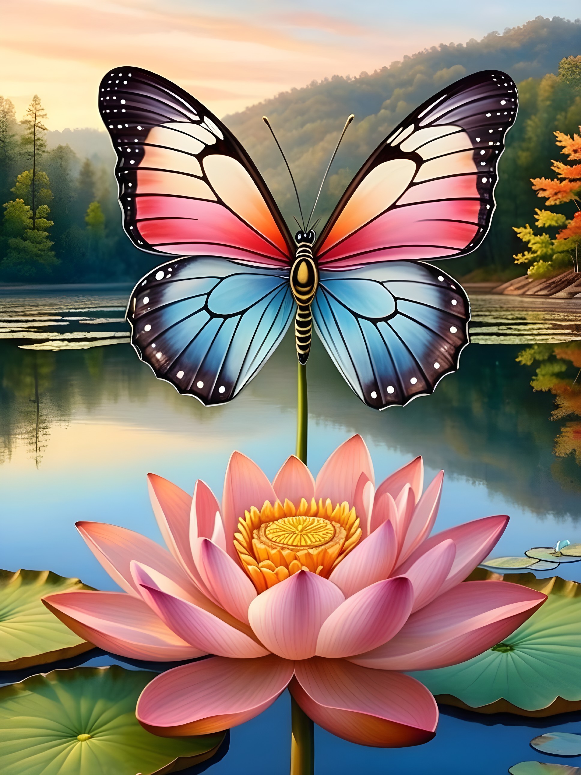 Butterfly on Lotus Flower by a Serene Lake at Sunrise