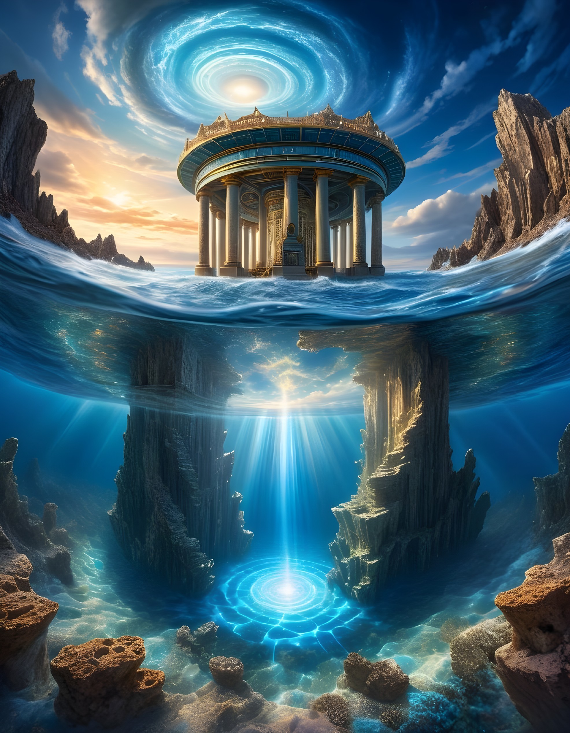Temple Above Ocean with Luminous Underwater Landscape