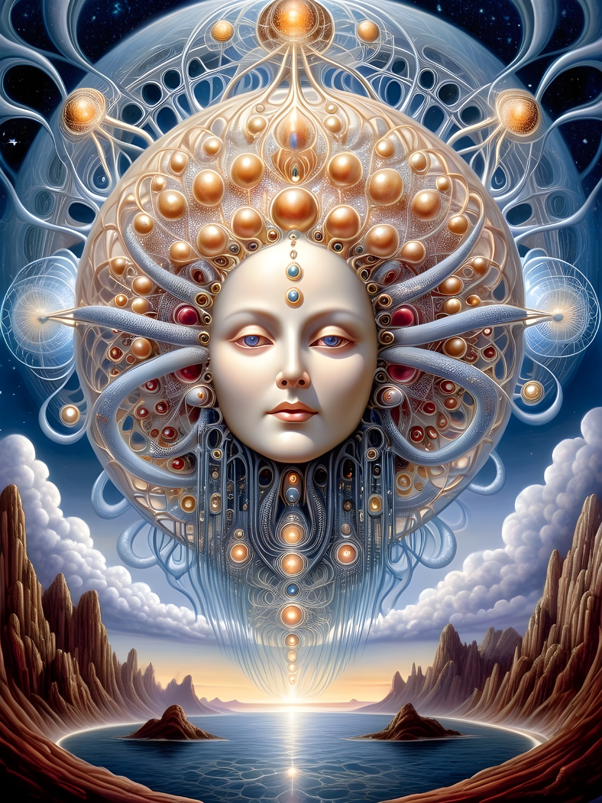 Surreal Ethereal Figure in Cosmic Landscape Illustration