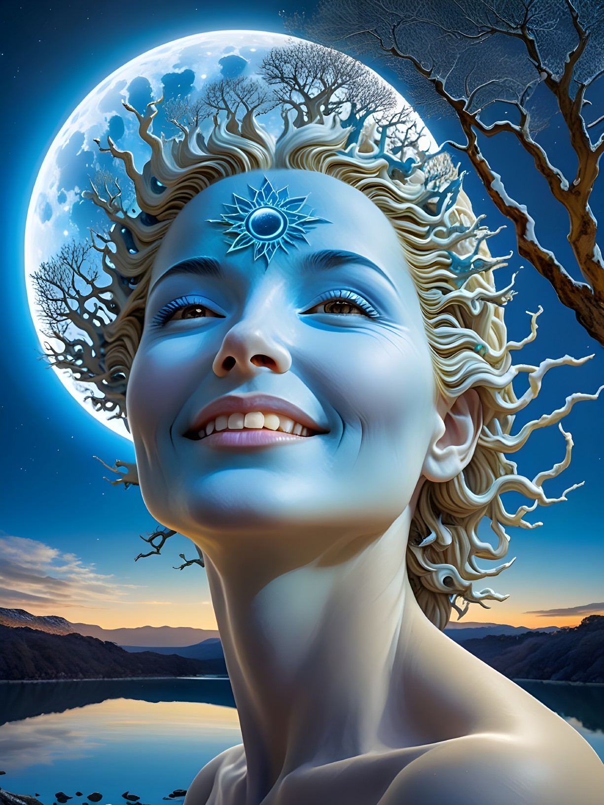 Serene Figure with Tree-Like Hair and Luminous Moon
