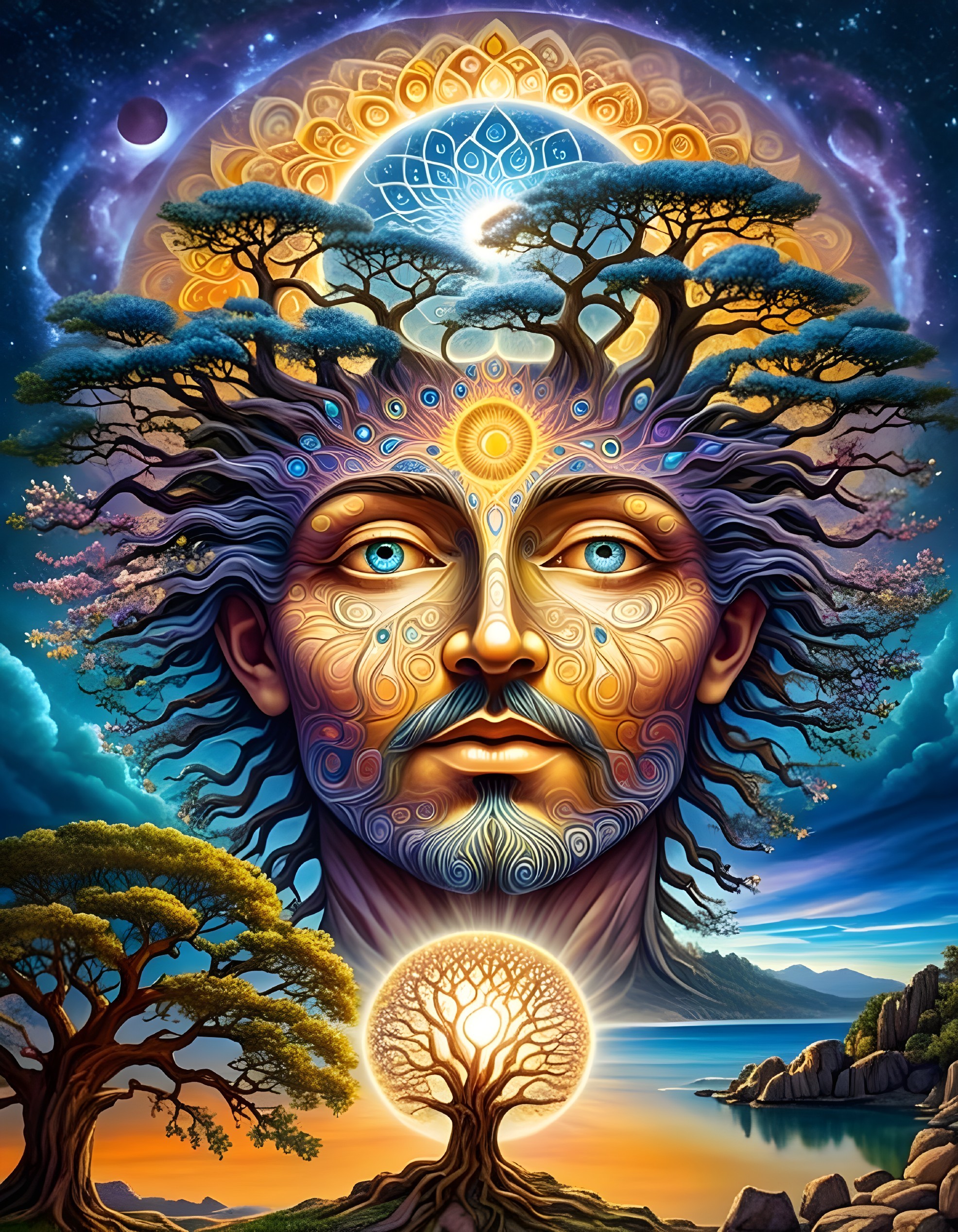 Surreal Landscape with Man's Face and Nature Elements