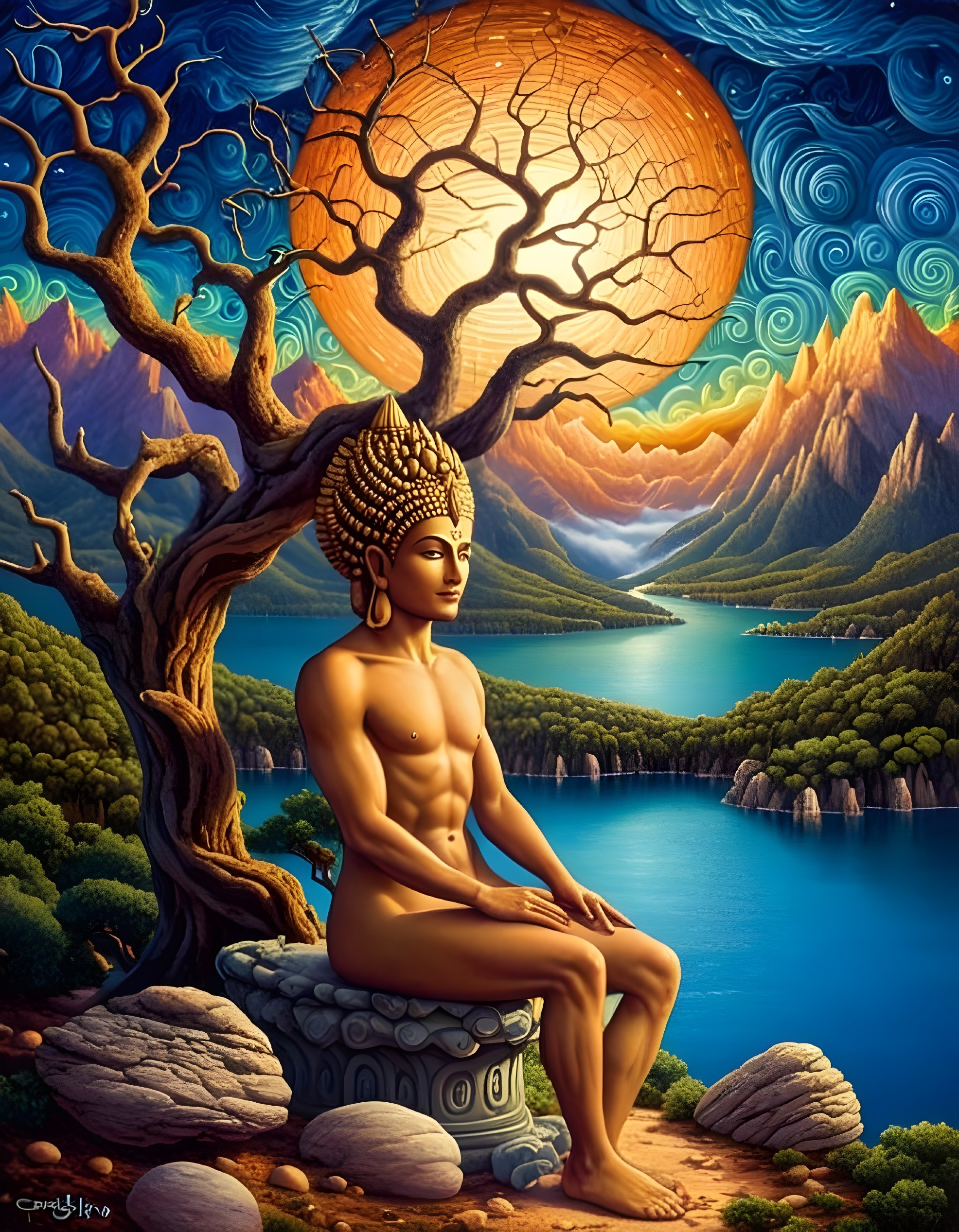 Buddha in Meditation Surrounded by Surreal Landscape