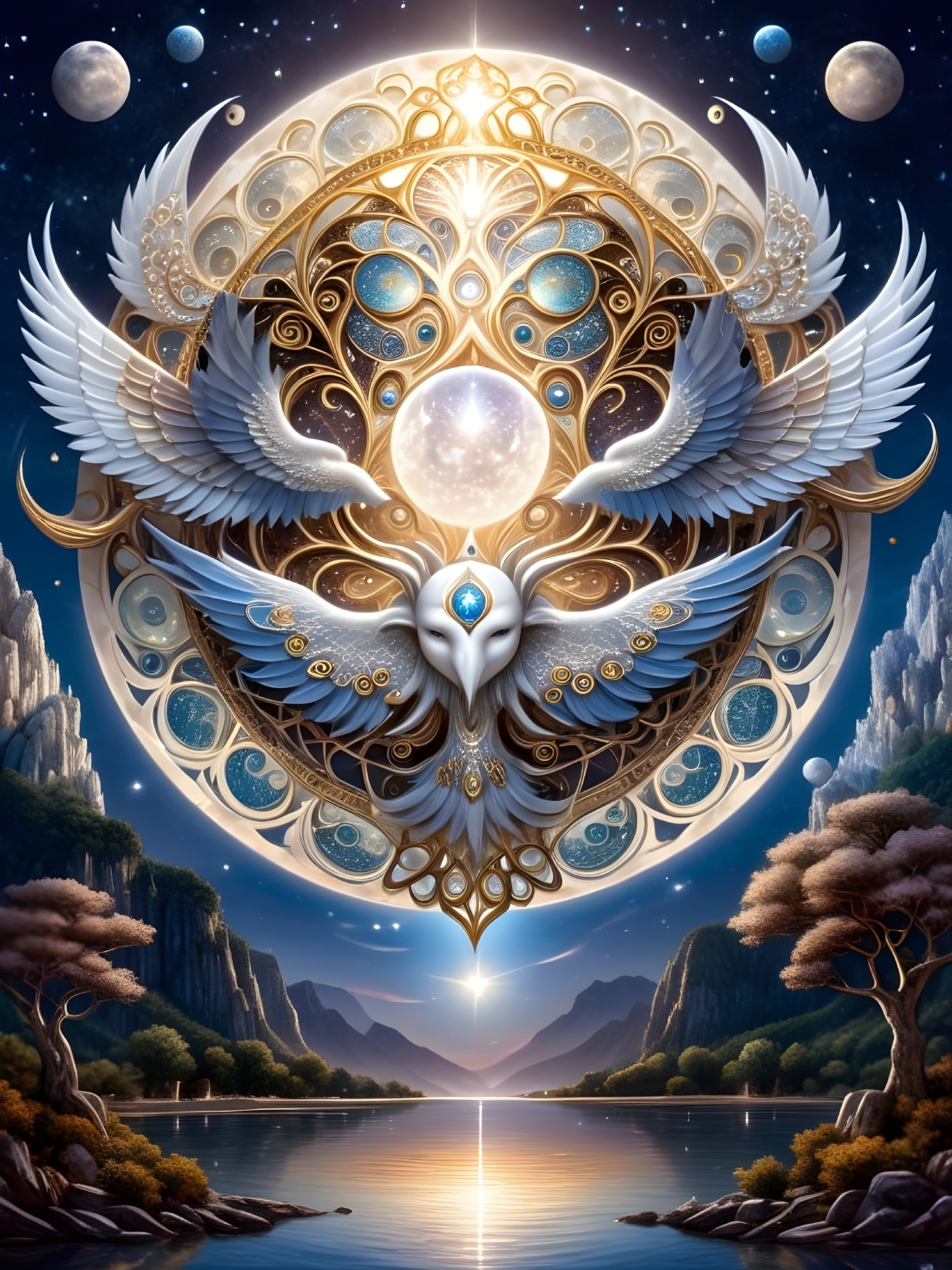 Ornate Owl Design with Mystical Elements and Landscapes