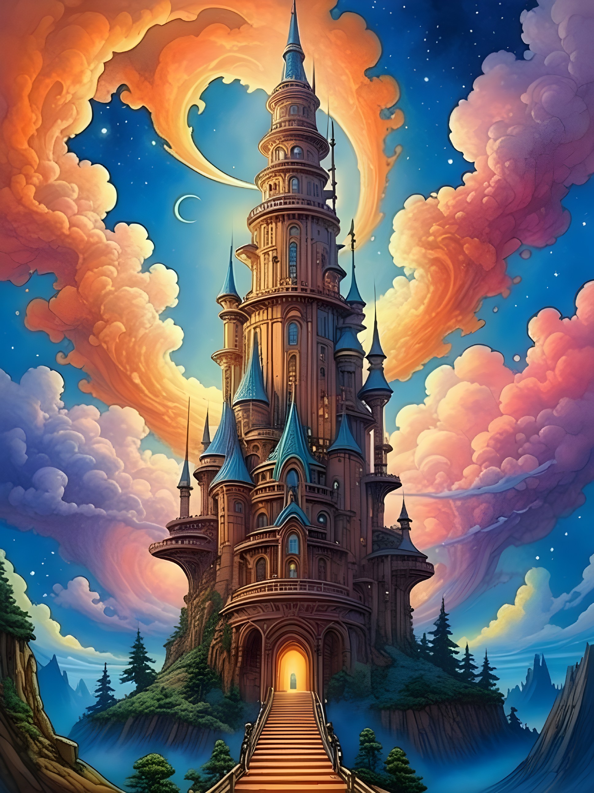 Majestic tower with blue spires in colorful sky