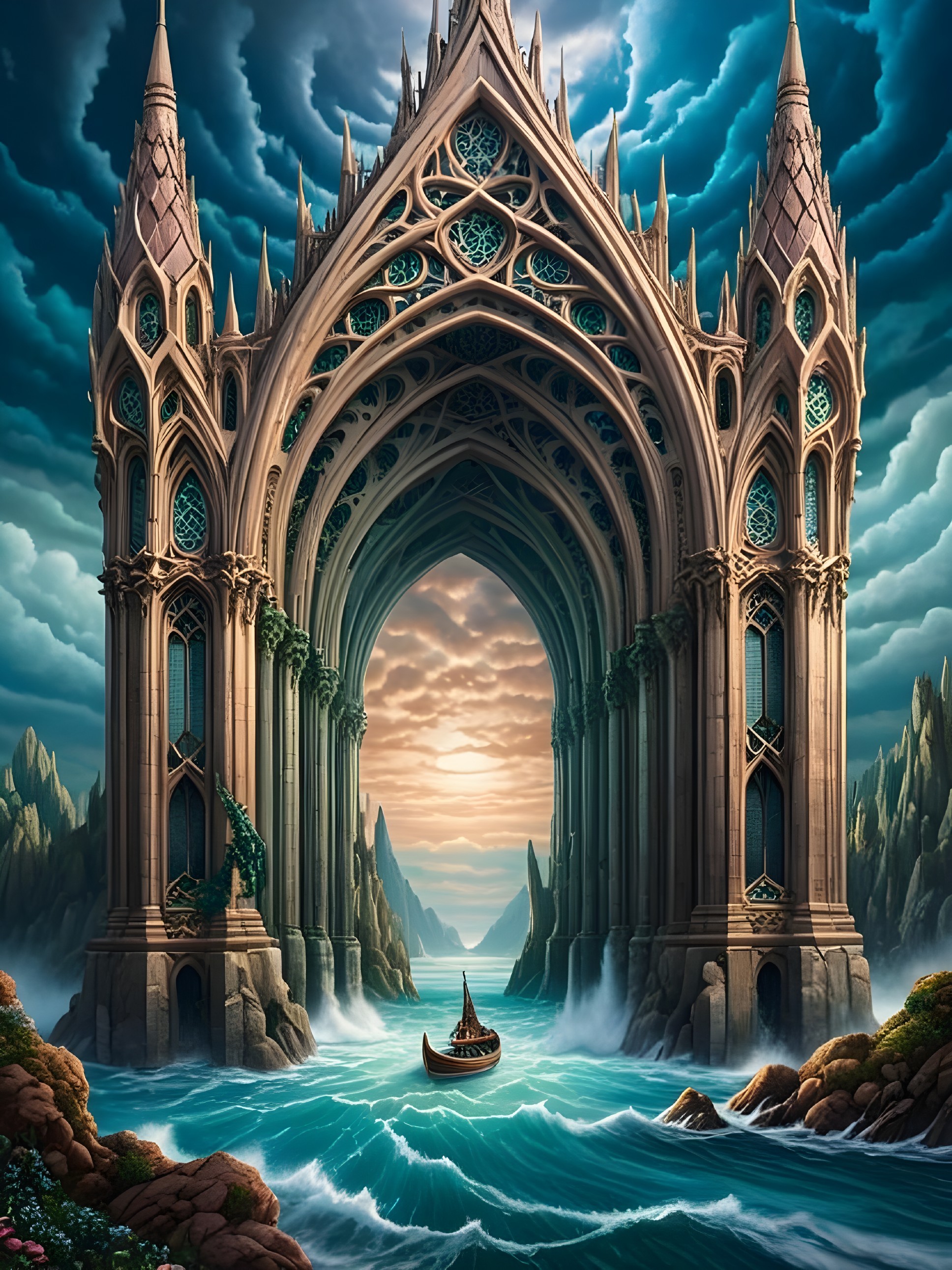 Gothic Archway Overlooking Shimmering Sea and Boat