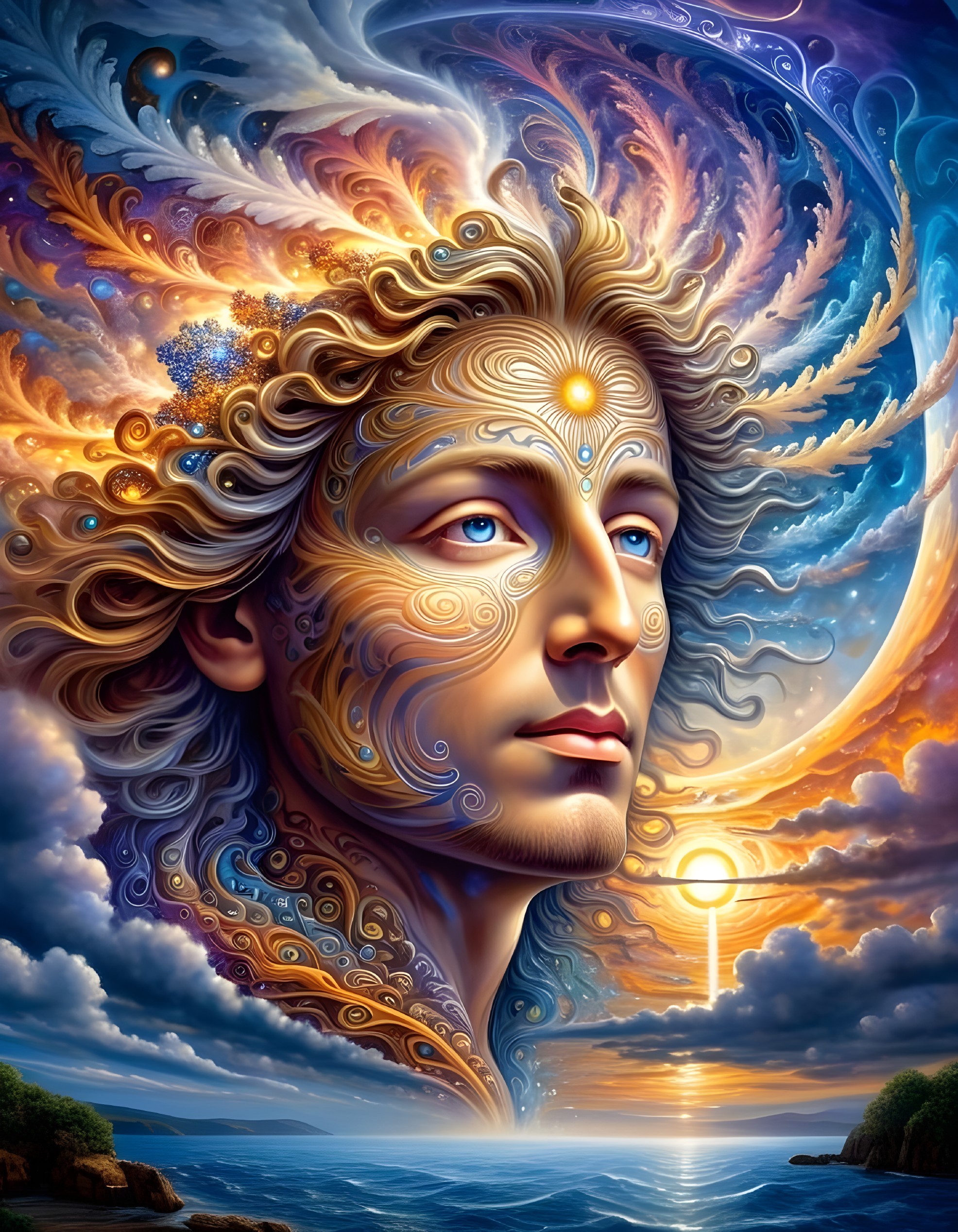 Ethereal Figure with Flowing Hair and Cosmic Background